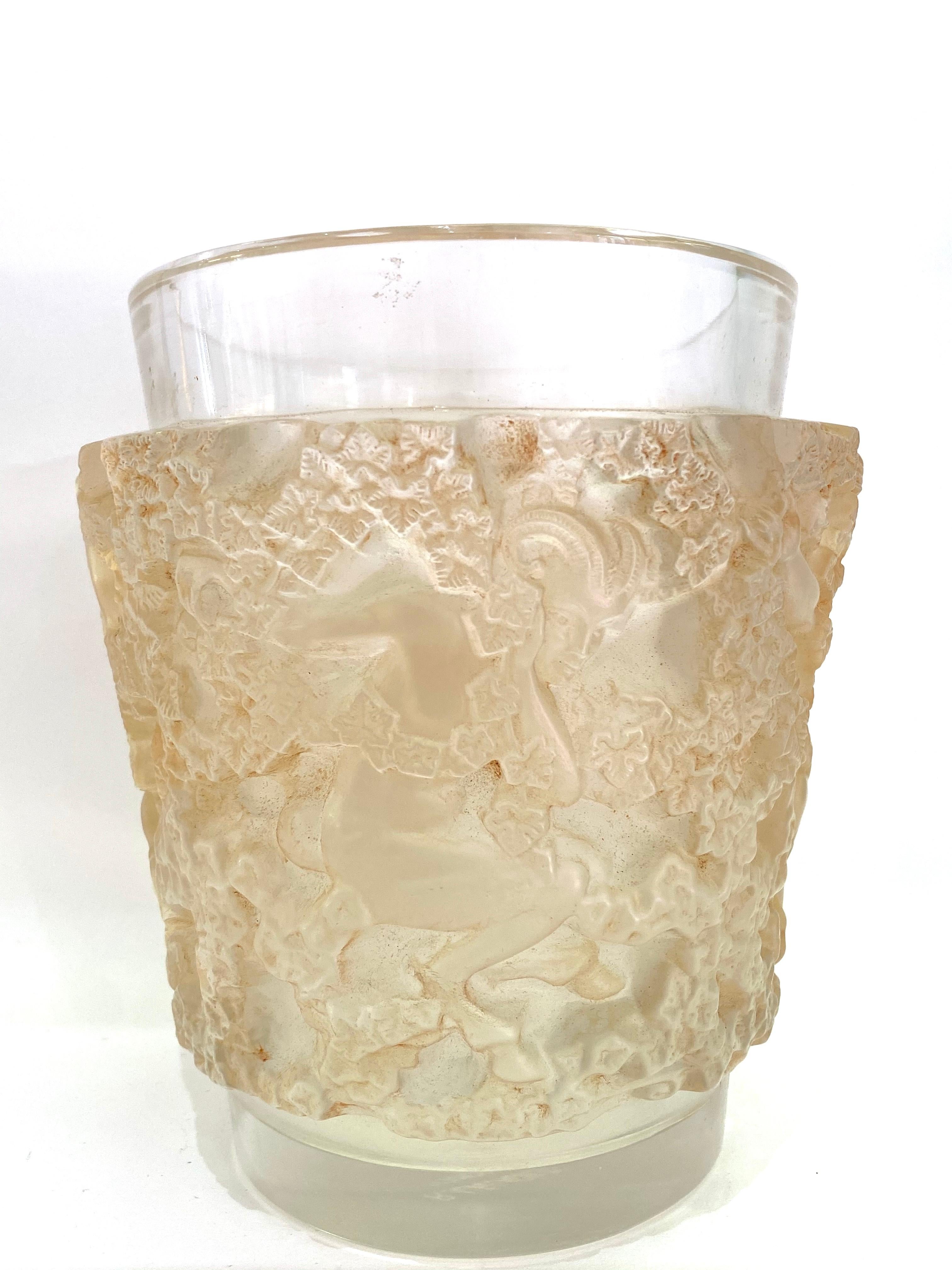 Art Deco 1938 René Lalique Bacchus Vase in Frosted Glass with Sepia Stain