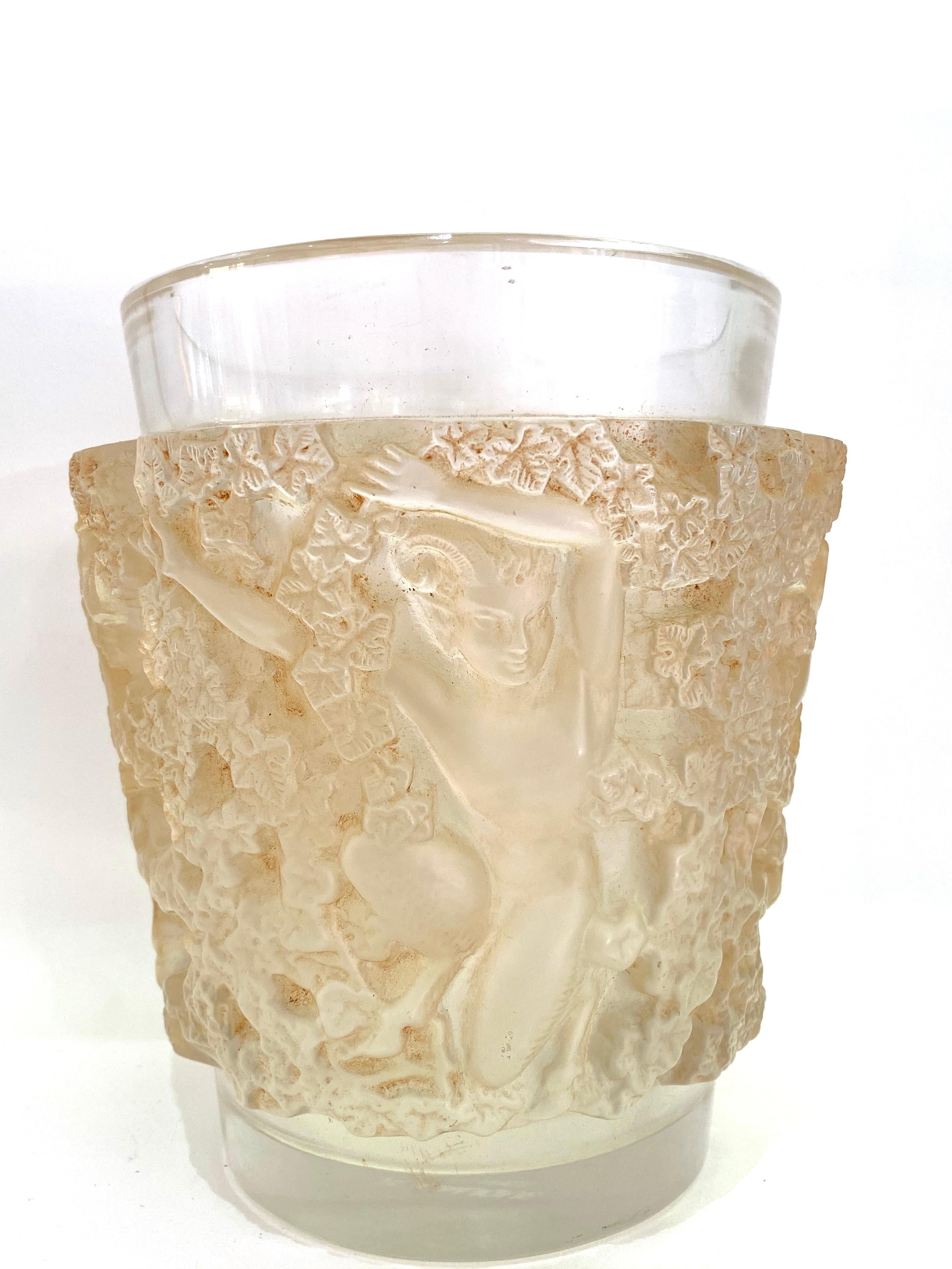 French 1938 René Lalique Bacchus Vase in Frosted Glass with Sepia Stain
