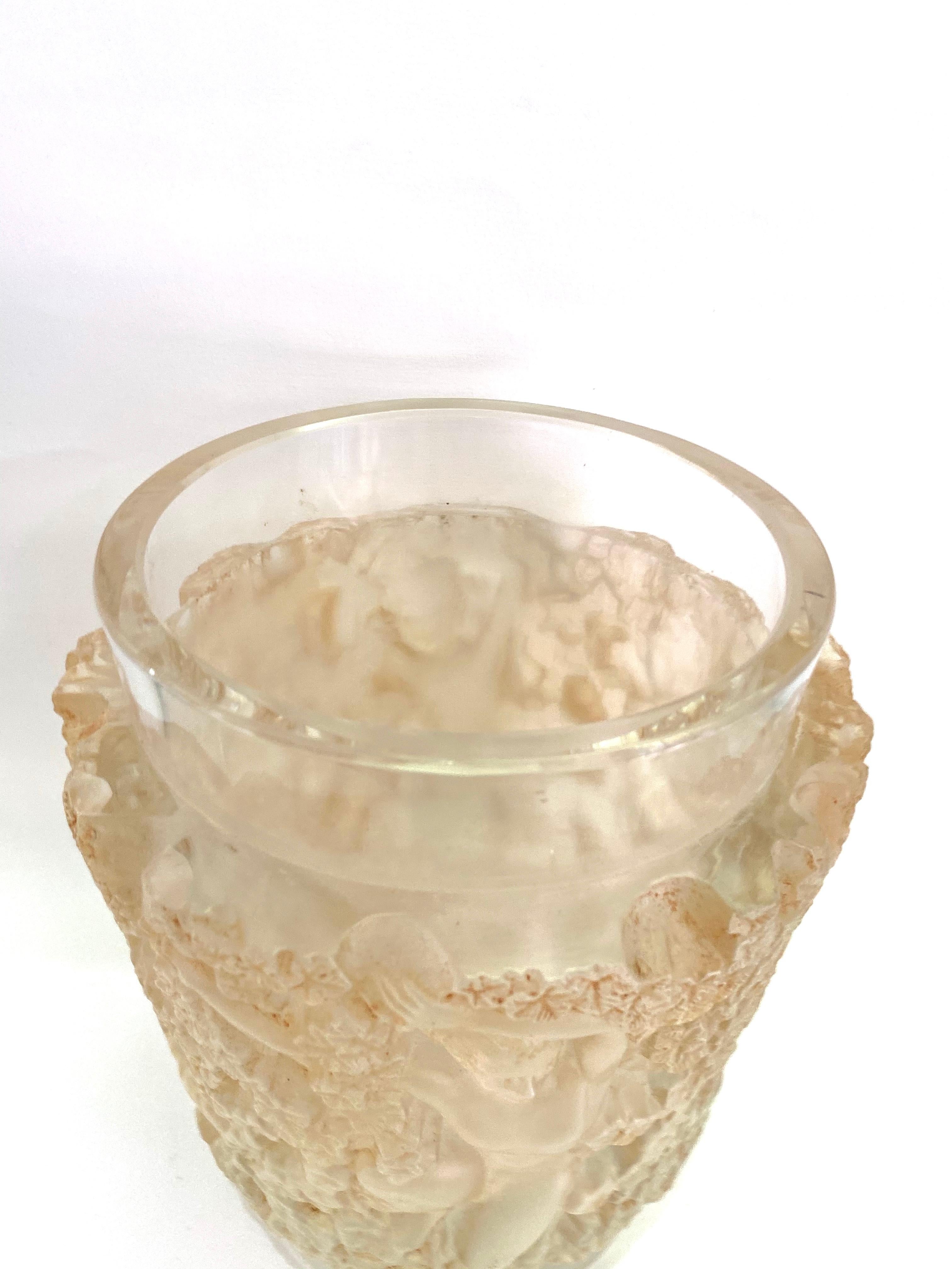 Molded 1938 René Lalique Bacchus Vase in Frosted Glass with Sepia Stain