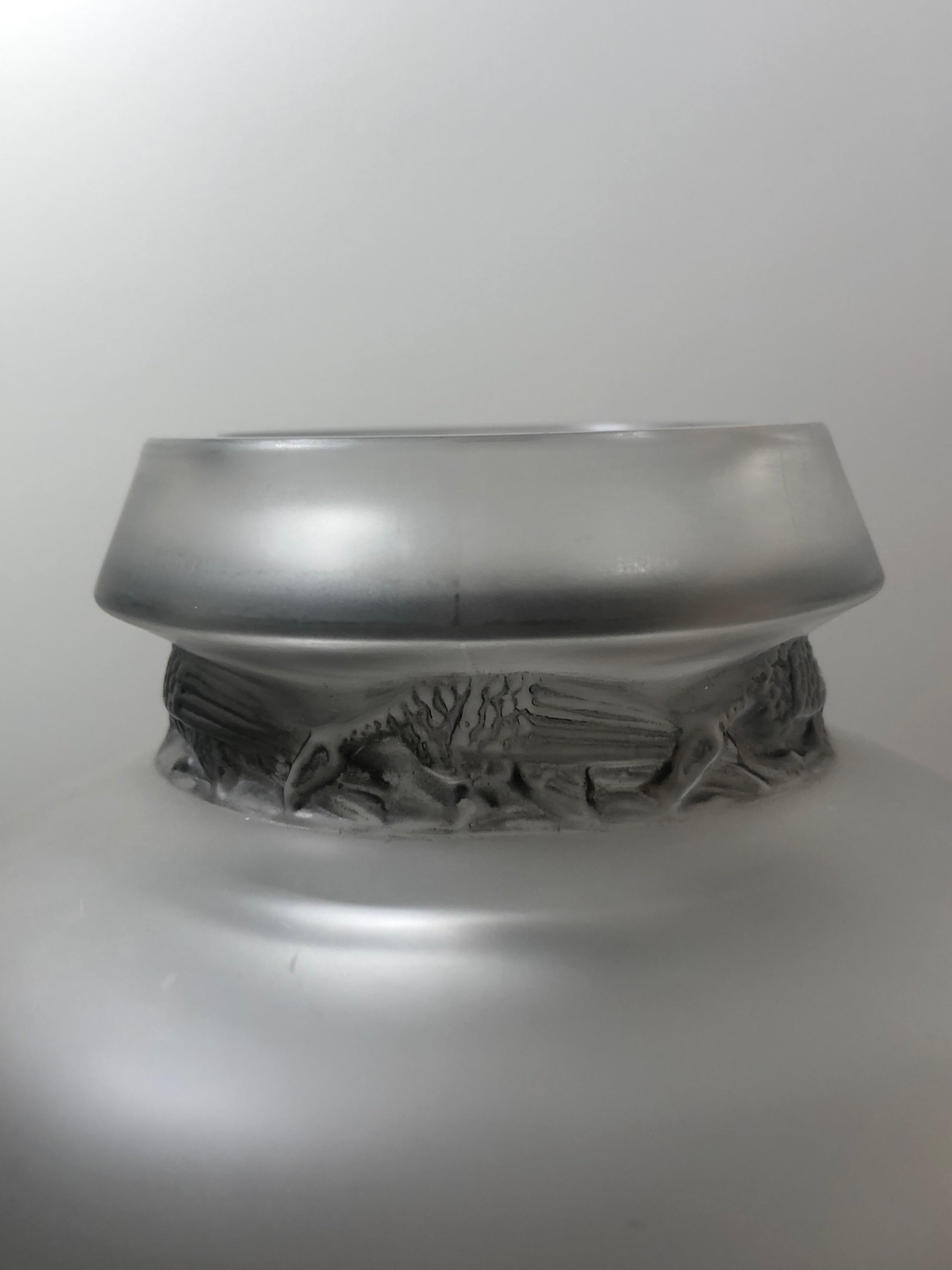 French 1938 René Lalique Frise Aigles Vase in Frosted Glass with Grey Patina, Eagles
