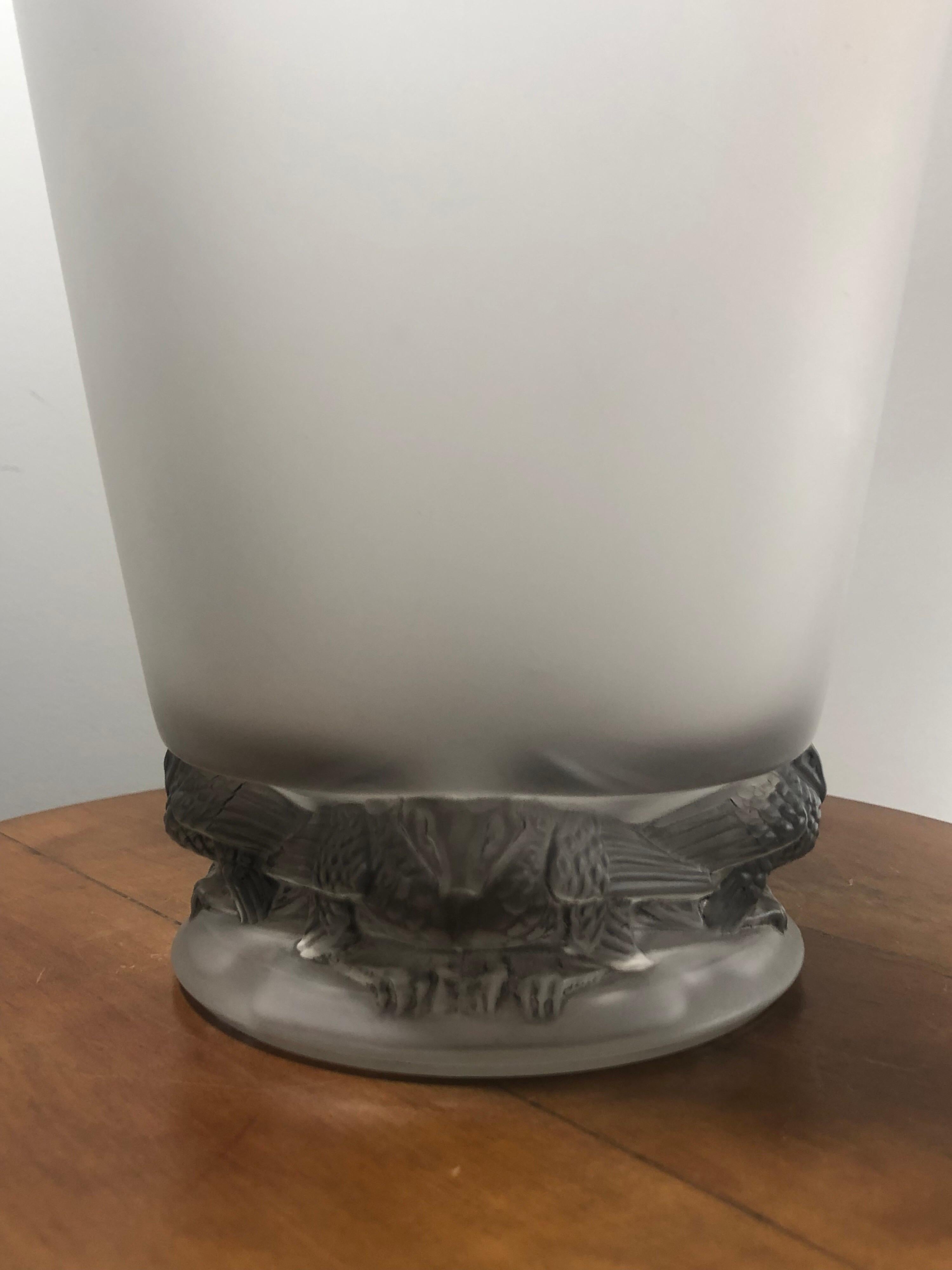 Blown Glass 1938 René Lalique Frise Aigles Vase in Frosted Glass with Grey Patina, Eagles