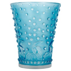 1938 René Lalique Vase Ajaccio Frosted Glass with Electric Blue Patina
