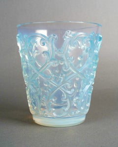 1938 René Lalique - Vase Art Deco Sarments Opalescent Glass With Blue Patina