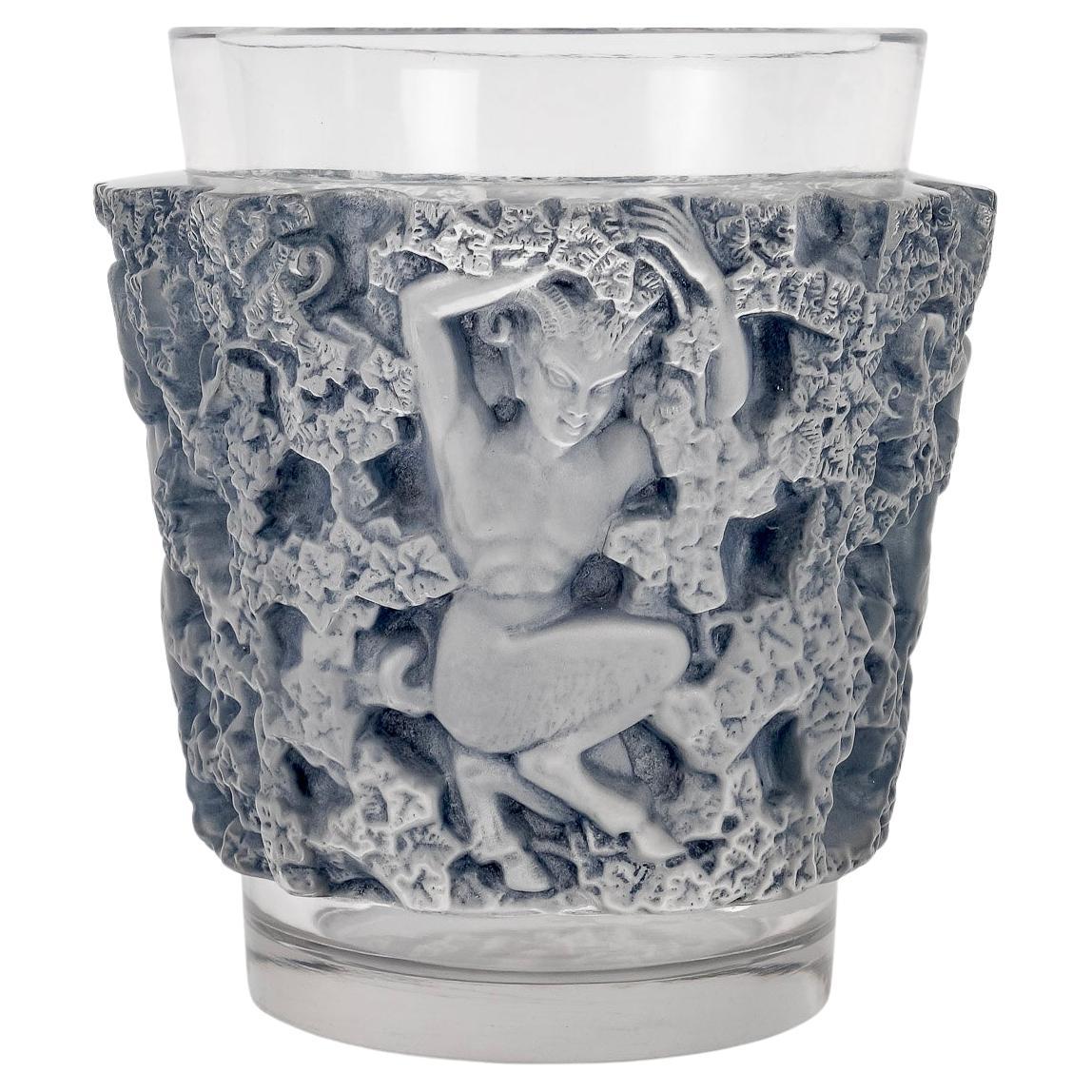 1938 René Lalique Vase Bacchus Frosted Glass with Blue Patina