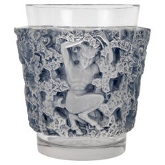 1938 René Lalique Vase Bacchus Frosted Glass with Blue Patina