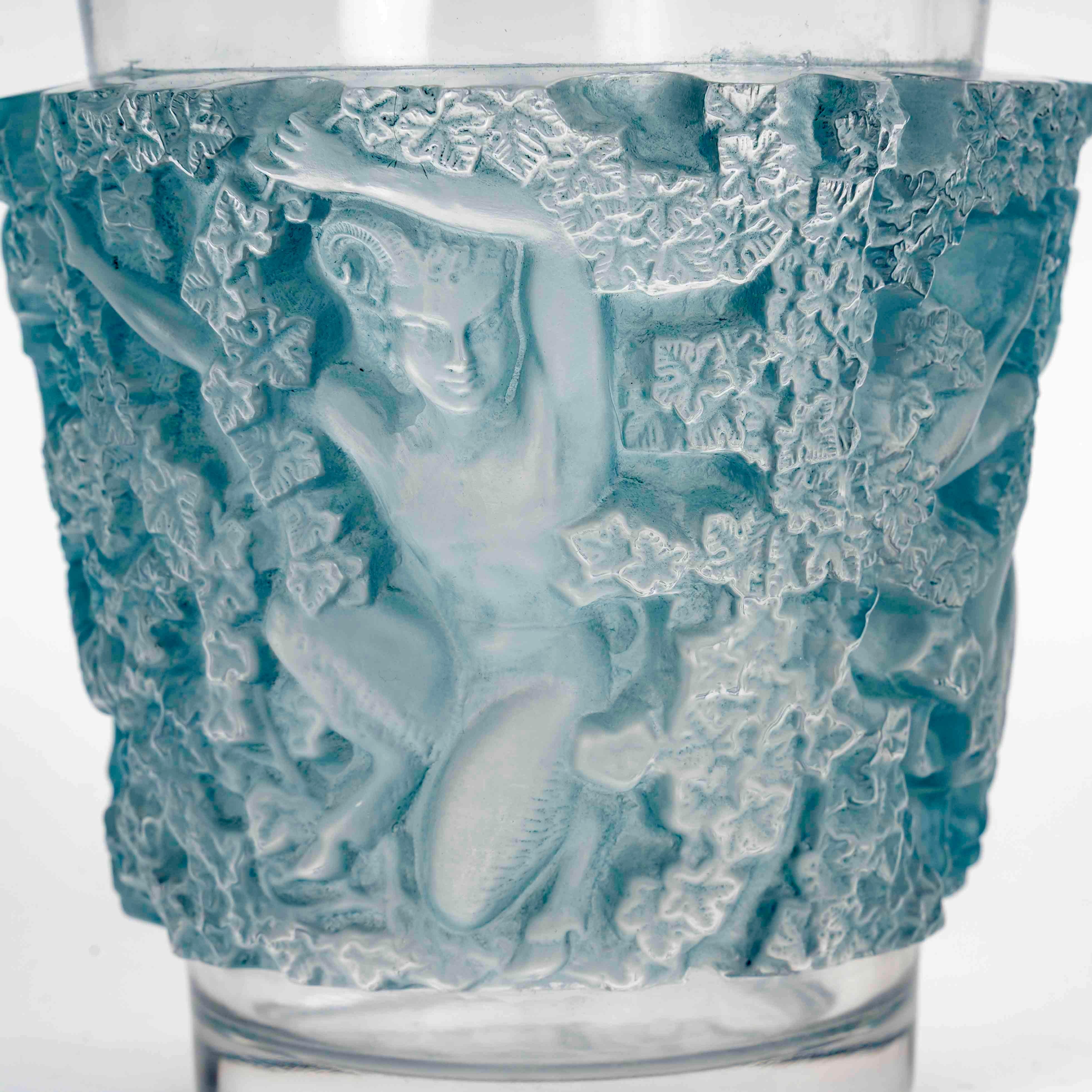 Art Deco 1938 René Lalique Vase Bacchus Glass with Blue Patina