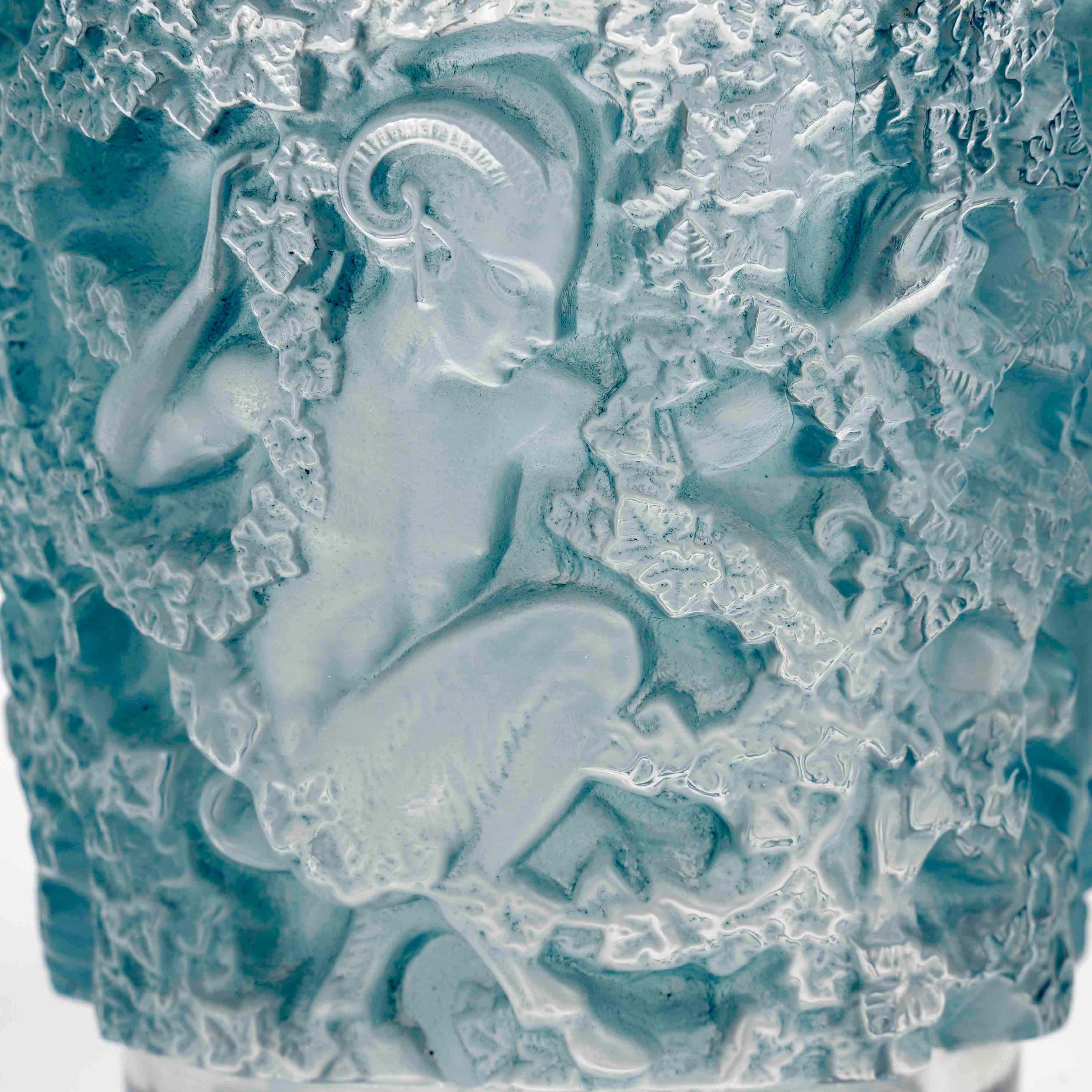 French 1938 René Lalique Vase Bacchus Glass with Blue Patina