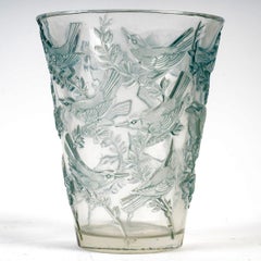 1938 René Lalique Vase Grives in Clear & Frosted Glass with Blue Patina