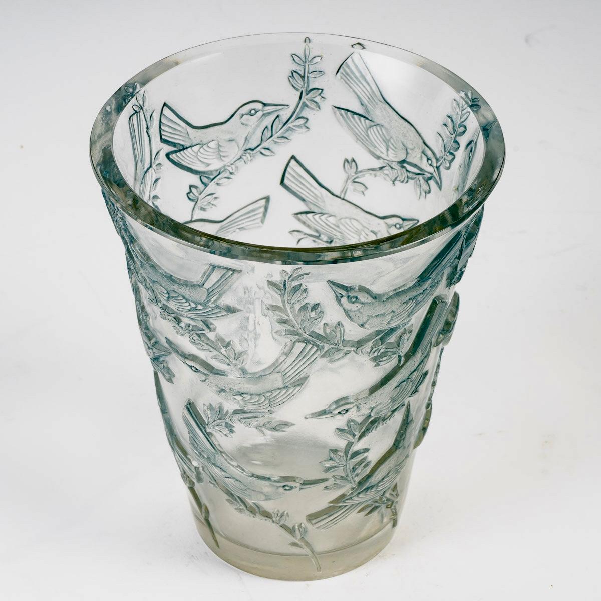 French 1938 René Lalique Vase Grives in Clear & Frosted Glass with Blue Patina