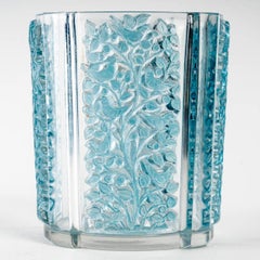 1938 René Lalique, Vase Quatre Panneaux Clear & Frosted Glass with Blue Patina