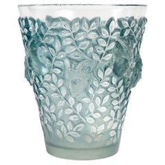 1938 René Lalique Vase Silènes Frosted Glass with Blue Patina