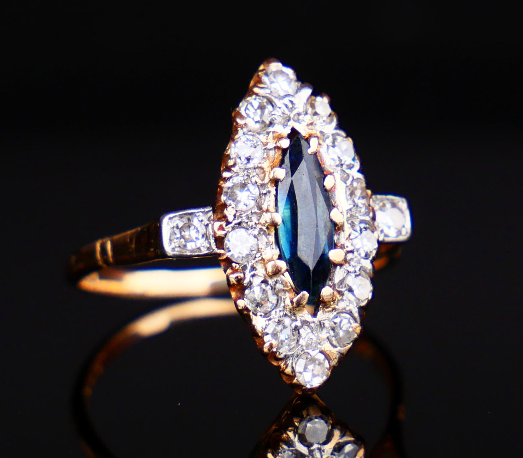 Art déco Bague naturelle de 1938 1 carat Saphir Diamants or massif 18K Platine ØUS 6.5 / 3gr en vente