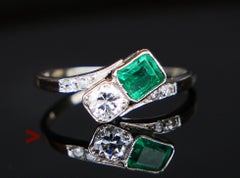 1938 Ring  natural Emerald Diamonds solid 18K White Gold ØUS5.75 / 1.9 gr