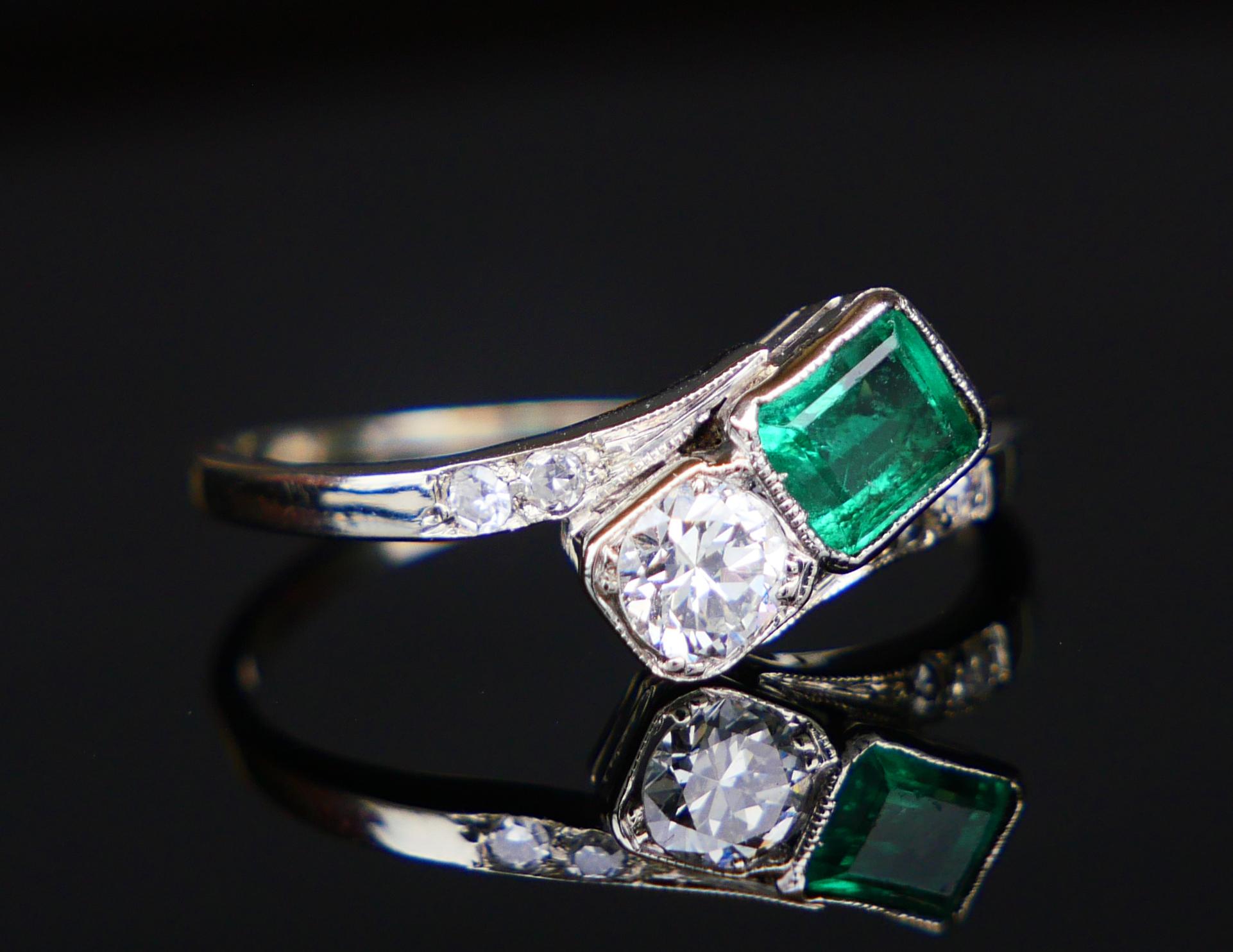 Emerald Cut 1938 Ring  natural Emerald Diamonds solid 18K White Gold ØUS5.75 / 1.9 gr For Sale