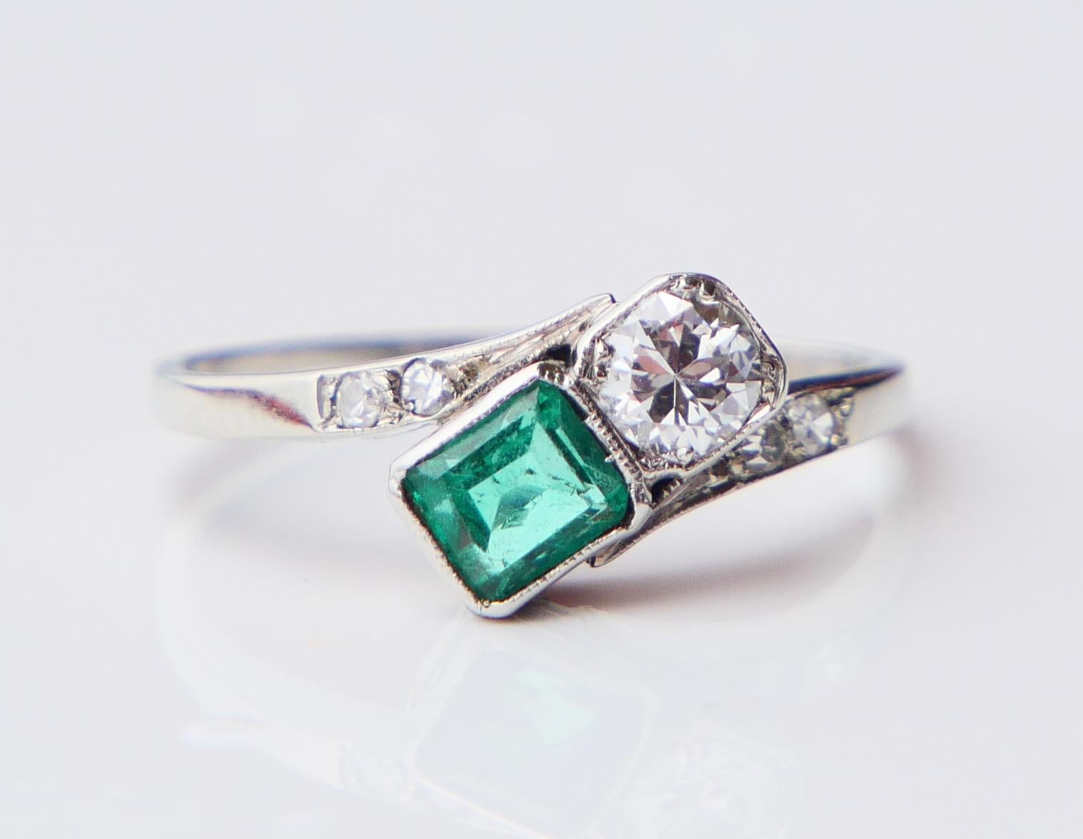 1938 Ring  natural Emerald Diamonds solid 18K White Gold ØUS5.75 / 1.9 gr For Sale 2