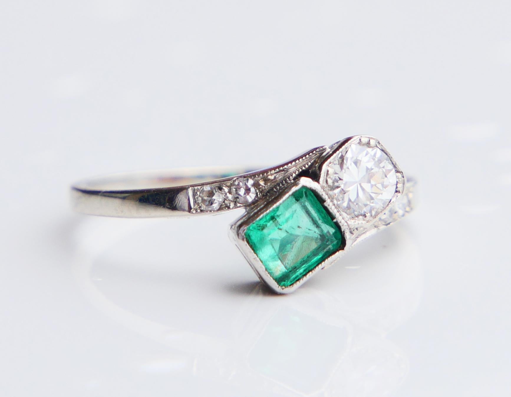 1938 Ring  natural Emerald Diamonds solid 18K White Gold ØUS5.75 / 1.9 gr For Sale 3