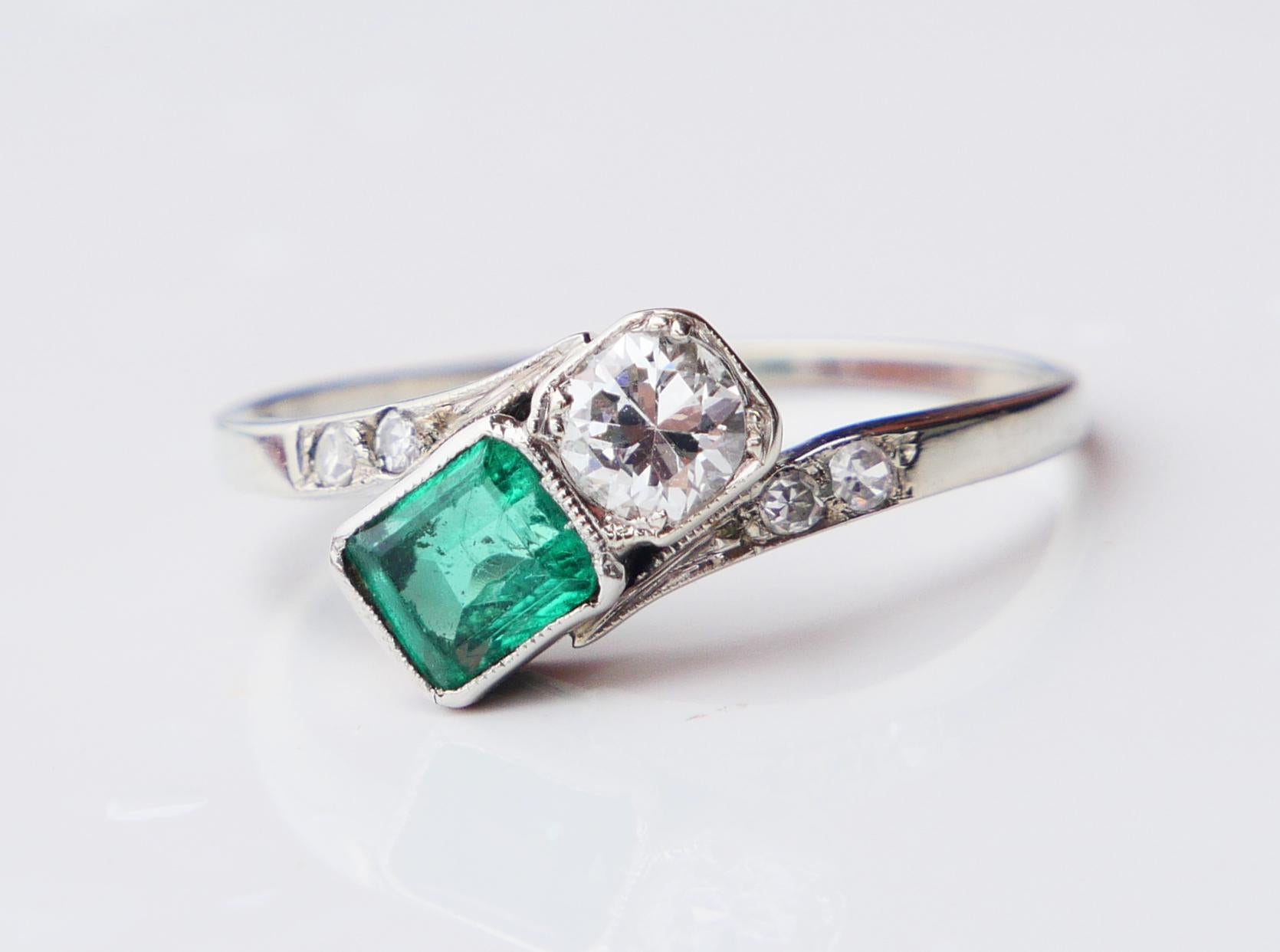 1938 Ring  natural Emerald Diamonds solid 18K White Gold ØUS5.75 / 1.9 gr For Sale 5