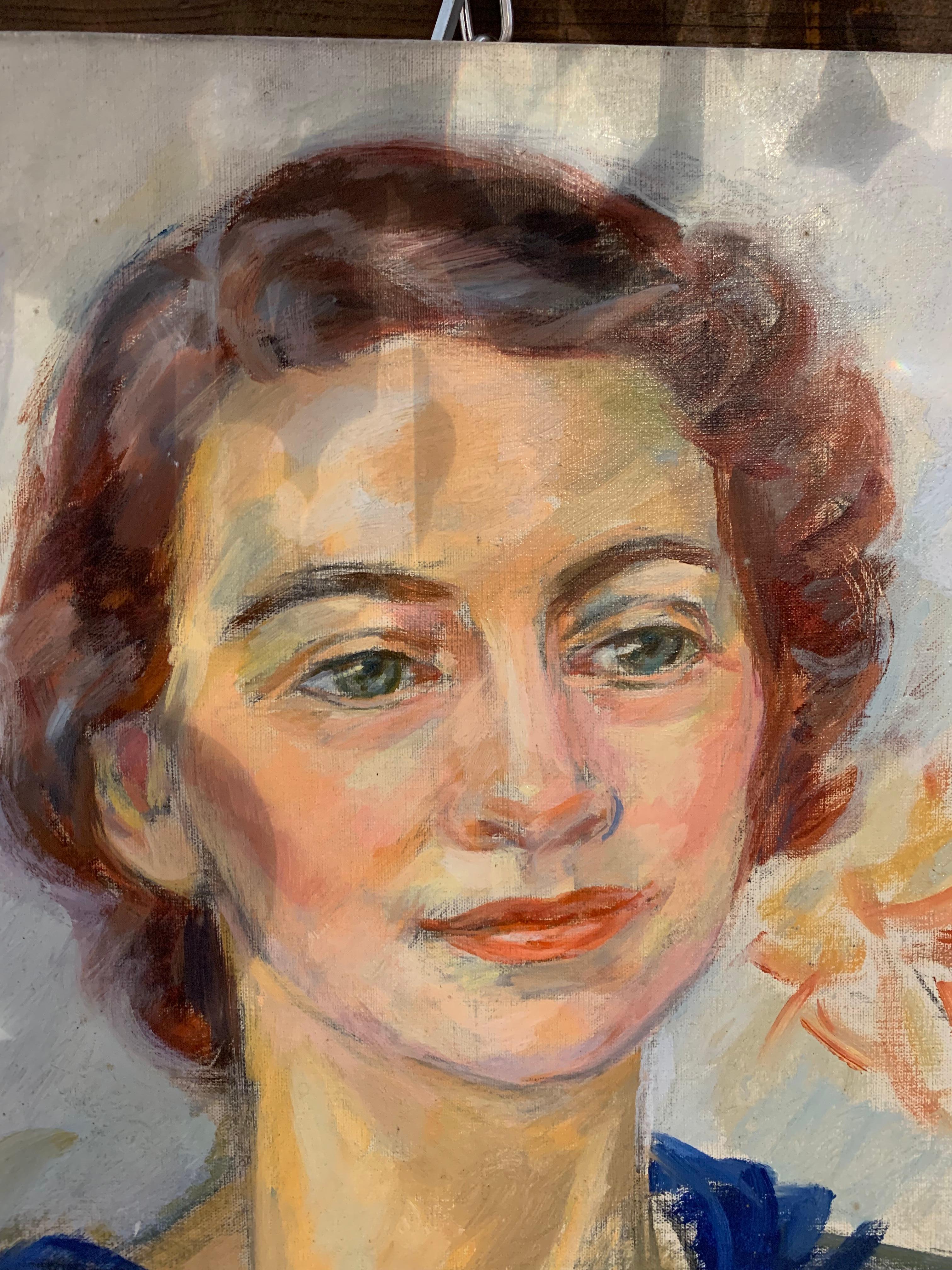Art Deco 1938 Swedish Oil Painting of a Smiling Young Lady by artist Birger Simonsson