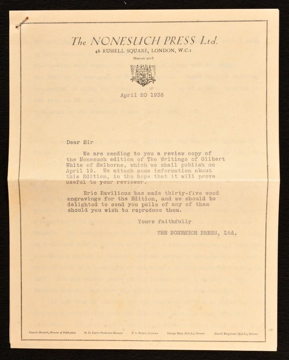 Papier 1938 The Writings of Gilbert White of Selborne (Les écrits de Gilbert White de Selborne) en vente