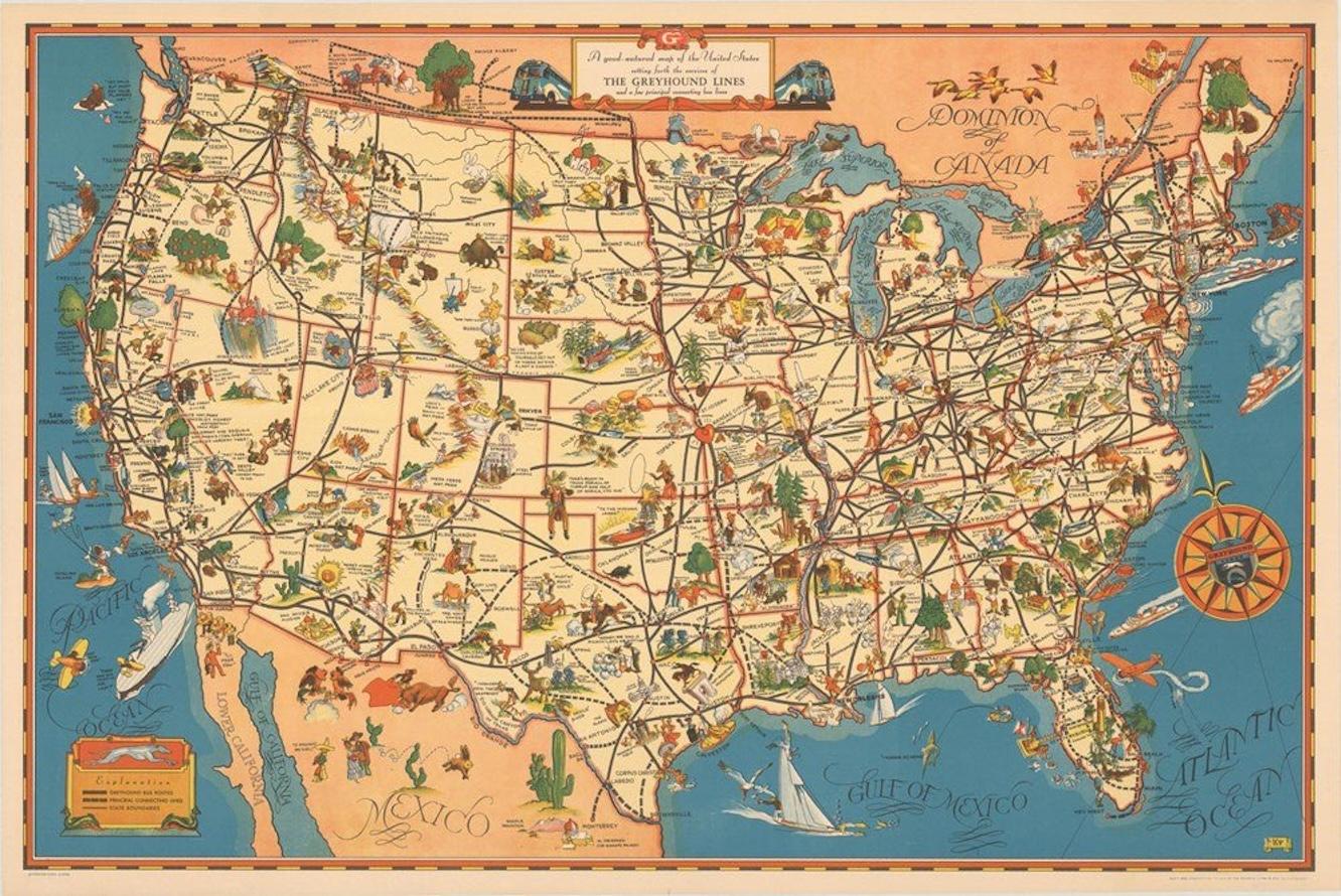 « A Good-Natured Map of the United States » de 1939 par Greyhound Bon état - En vente à Colorado Springs, CO