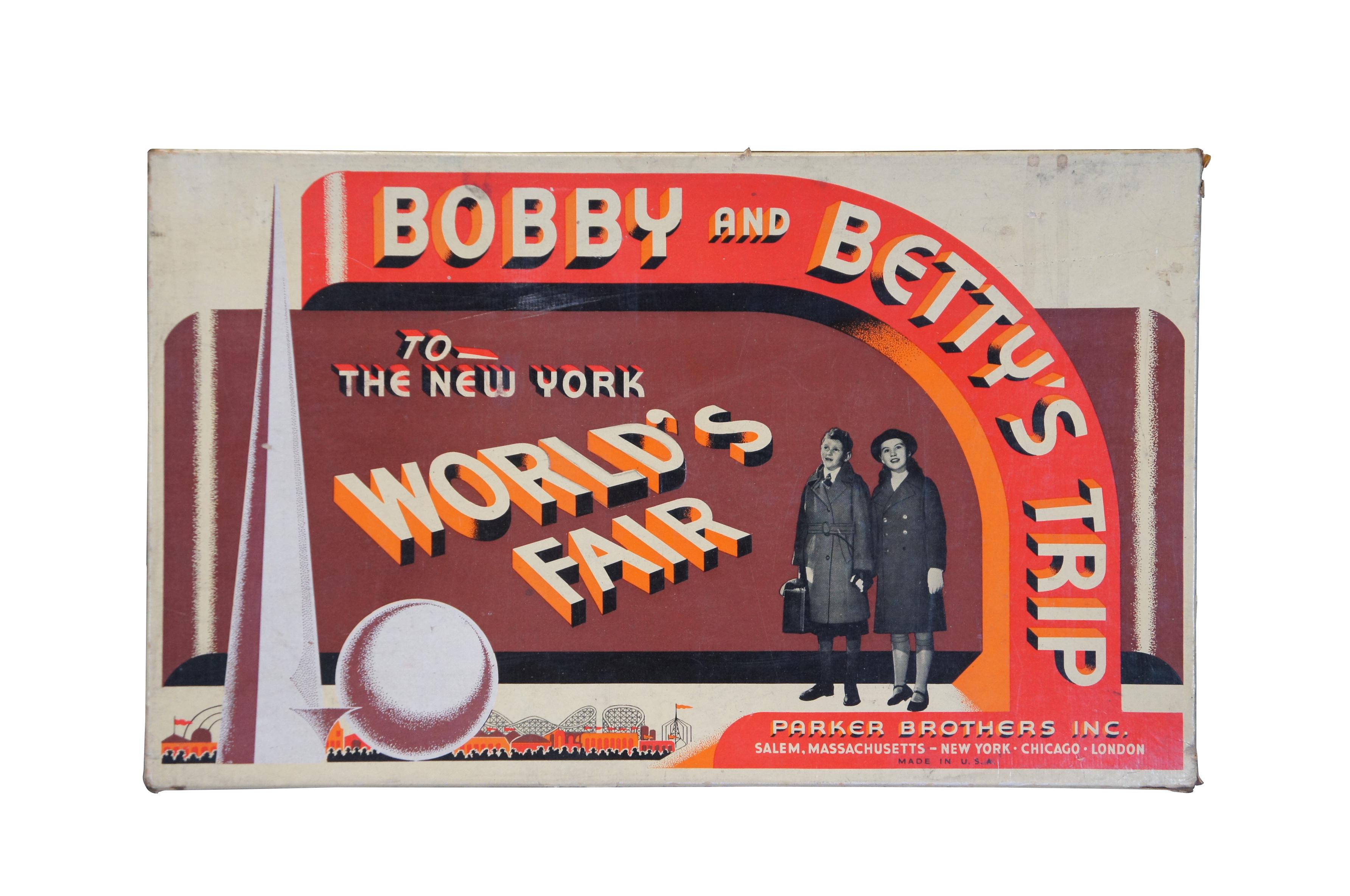 Rare antique 1939 board game, Bobby and Betty's Trip to the New York World's Fair by Parker Brothers Inc. Set includes original box, game board, instruction sheet, 25 Destination Cards, 24 character tokens, 5 dice and cardboard dice cup, and four