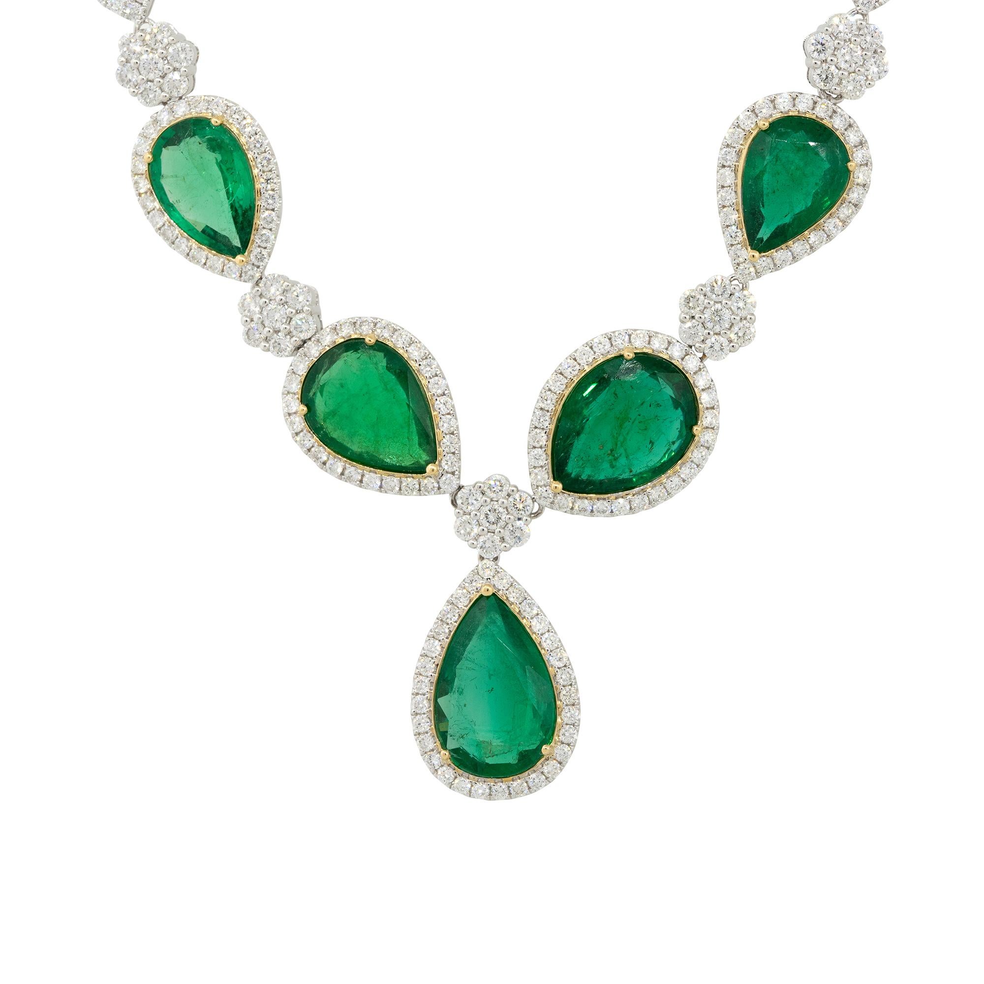 18 Karat White and Yellow Gold 19.39 Carat Pear Shaped Emerald and Diamond Drop Necklace 

Material: 18 Karat White Gold, 18 Karat Yellow Gold
Gemstone Details: There are approximately 19.39 carats of Pear shaped Emeralds. There are 5 Emeralds total