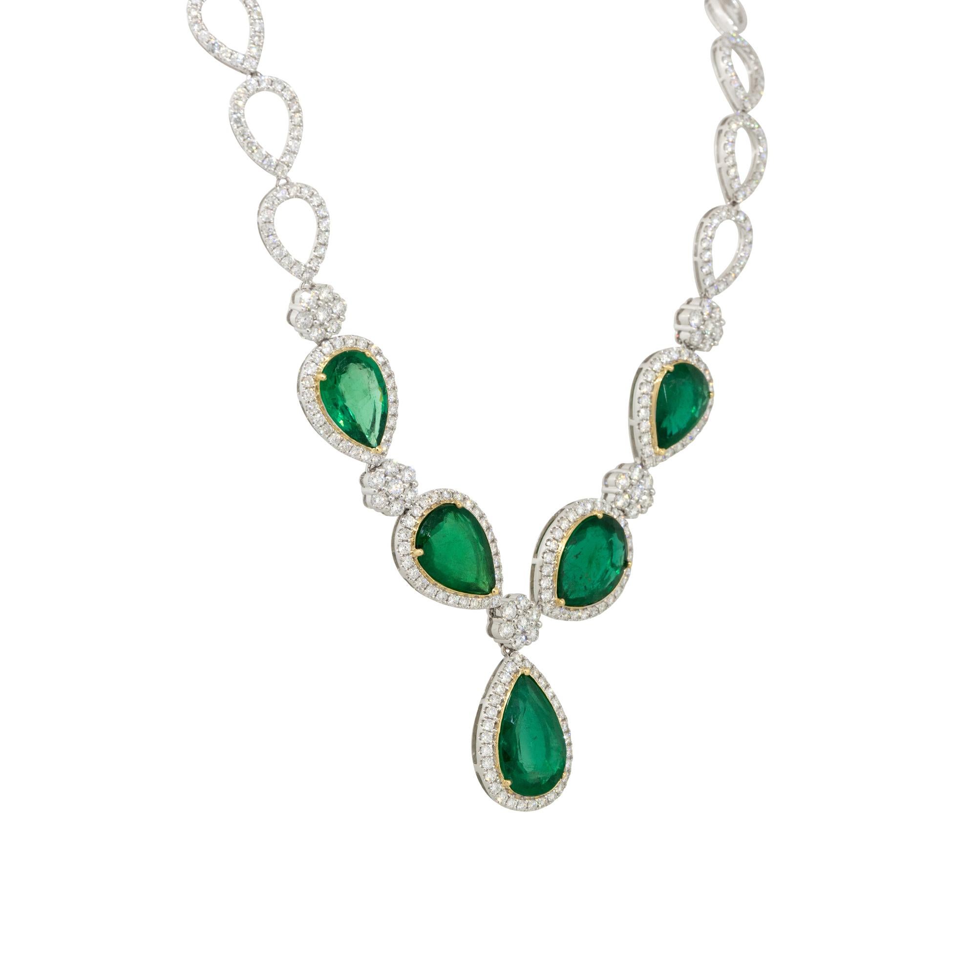 Women's 19.39 Carat Pear Shaped Emerald and Diamond Drop Necklace 18 Karat in Stock For Sale
