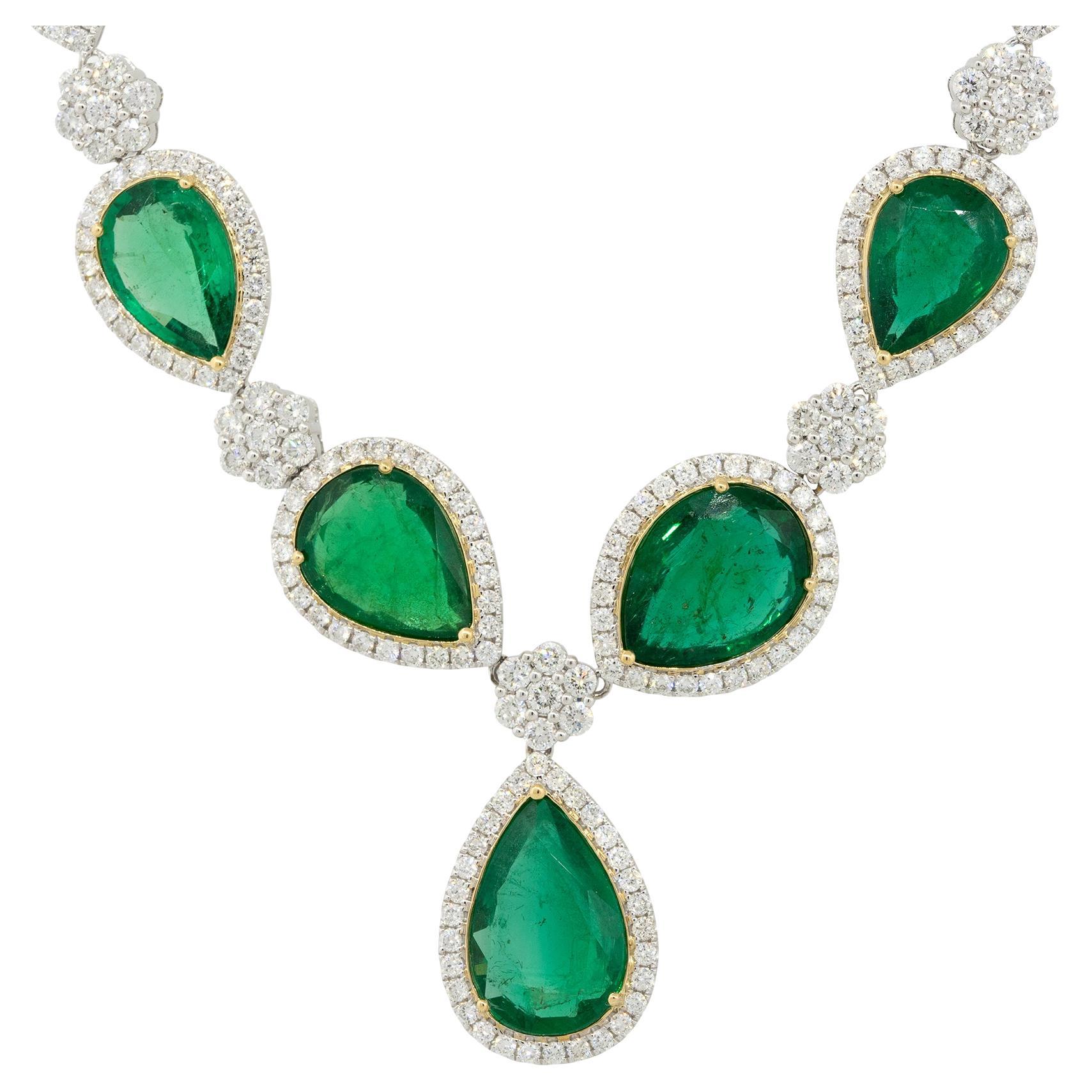 19.39 Carat Pear Shaped Emerald and Diamond Drop Necklace 18 Karat in Stock For Sale