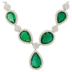 19.39 Carat Pear Shaped Emerald and Diamond Drop Necklace 18 Karat in Stock