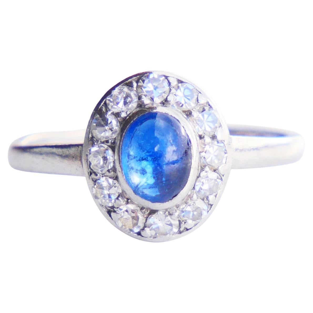 1939 Bague Halo naturelle 0.6ct Saphir Diamants Platine massif Ø 3US / 2.1 gr