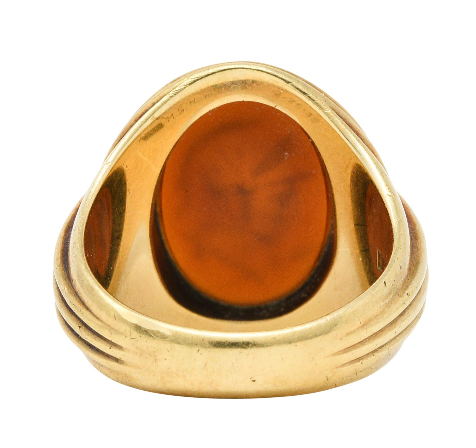 Retro 1939 Jones & Woodland Co. Carnelian Intaglio 14 Karat Gold Warrior Signet Ring