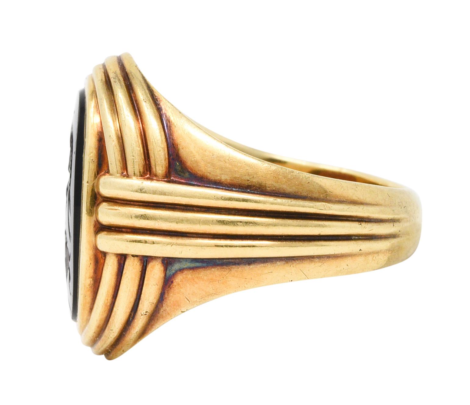 Oval Cut 1939 Jones & Woodland Co. Carnelian Intaglio 14 Karat Gold Warrior Signet Ring