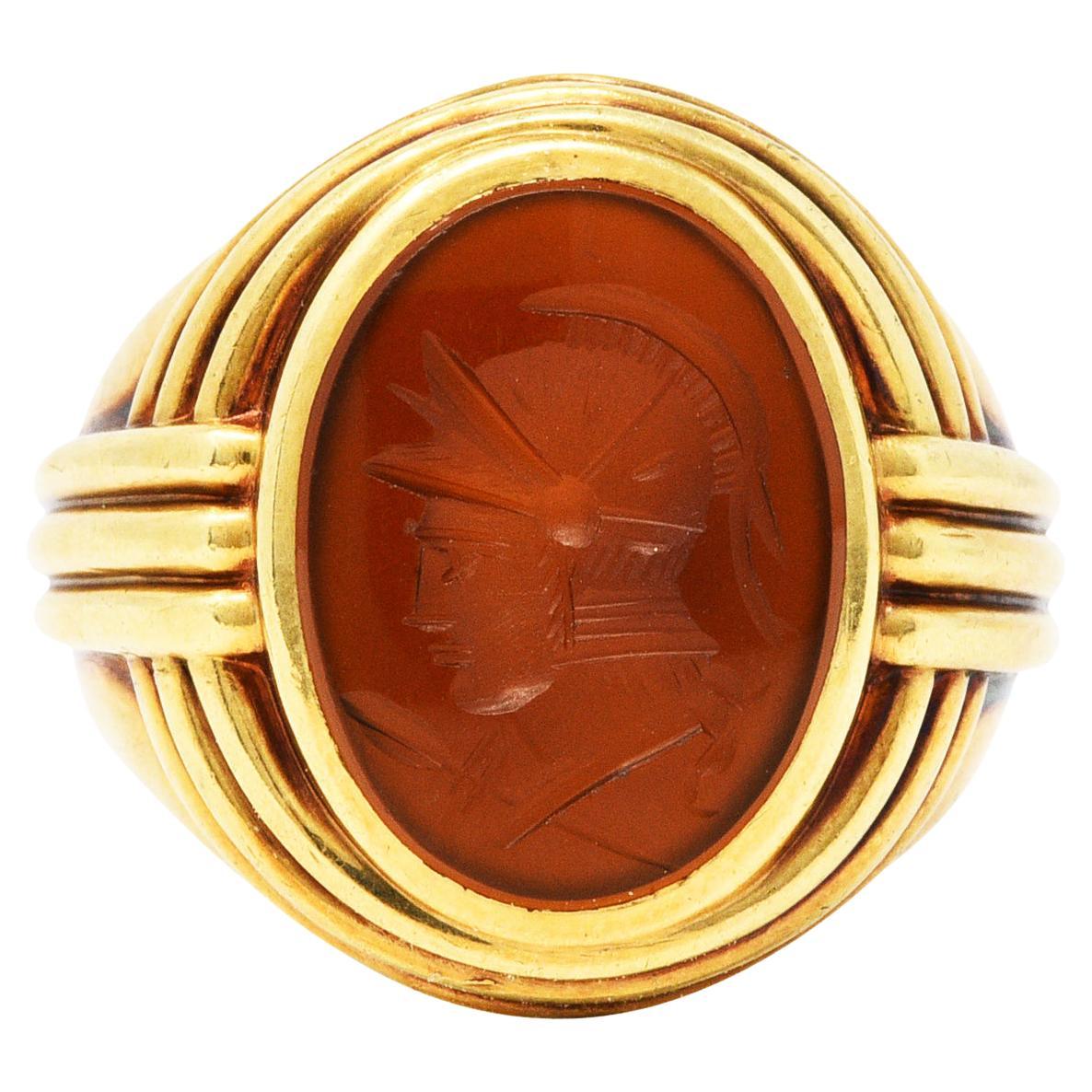 1939 Jones & Woodland Co. Carnelian Intaglio 14 Karat Gold Warrior Signet Ring
