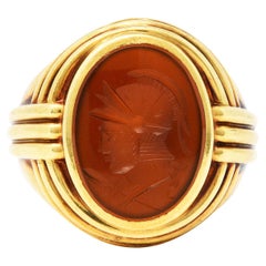 1939 Jones & Woodland Co. Karneol Intaglio 14 Karat Gold Krieger Signet Ring