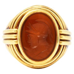 1939 Jones & Woodland Co. Carnelian Intaglio 14 Karat Gold Warrior Signet Ring