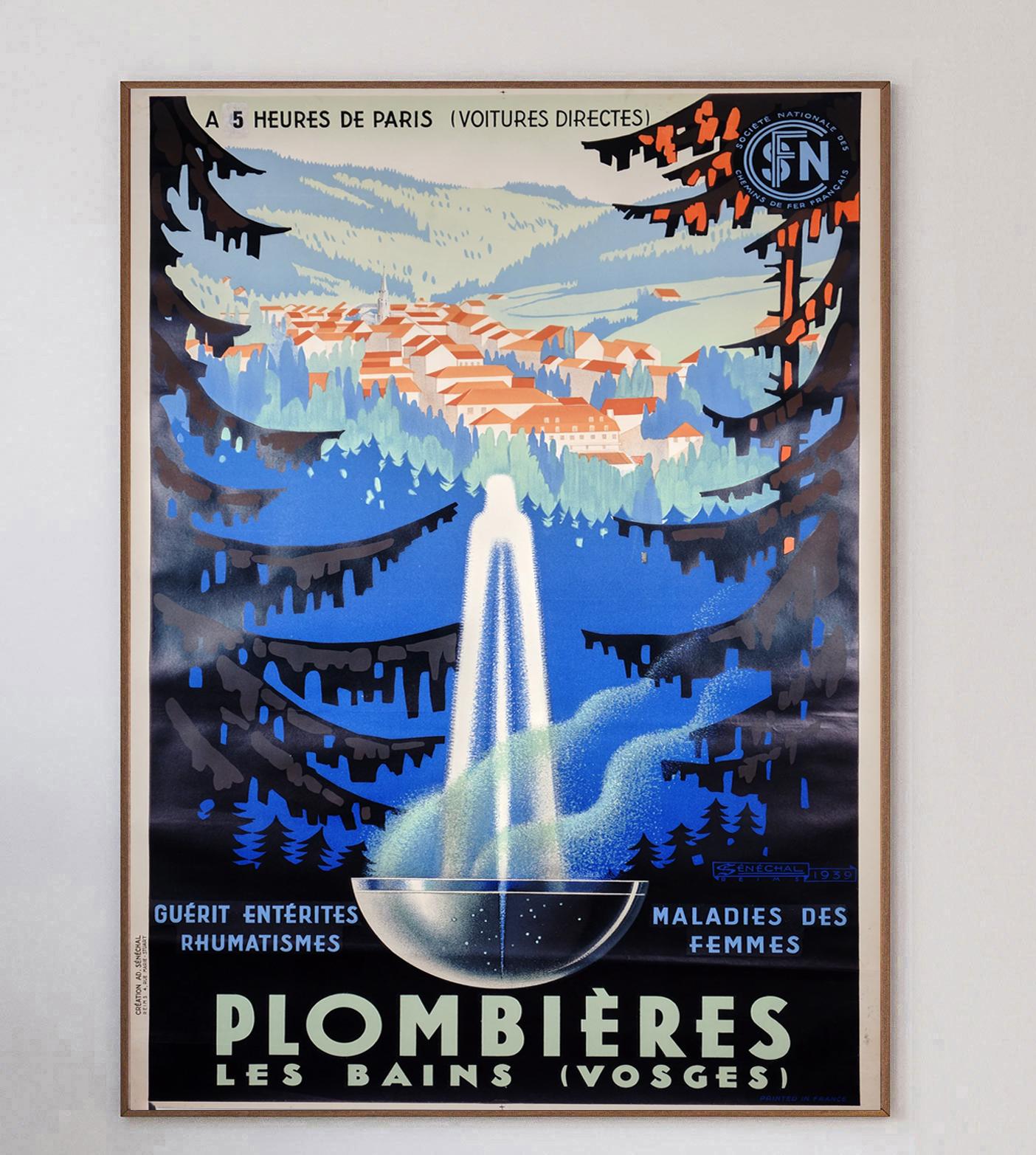 Réalisée par l'artiste français Adrien Senechal, cette belle affiche fait la promotion de la région de Plombières-Les-Bains (Vosges), dans l'est de la France. La région, Famed pour ses bains chauds naturels, était populaire auprès des visiteurs de