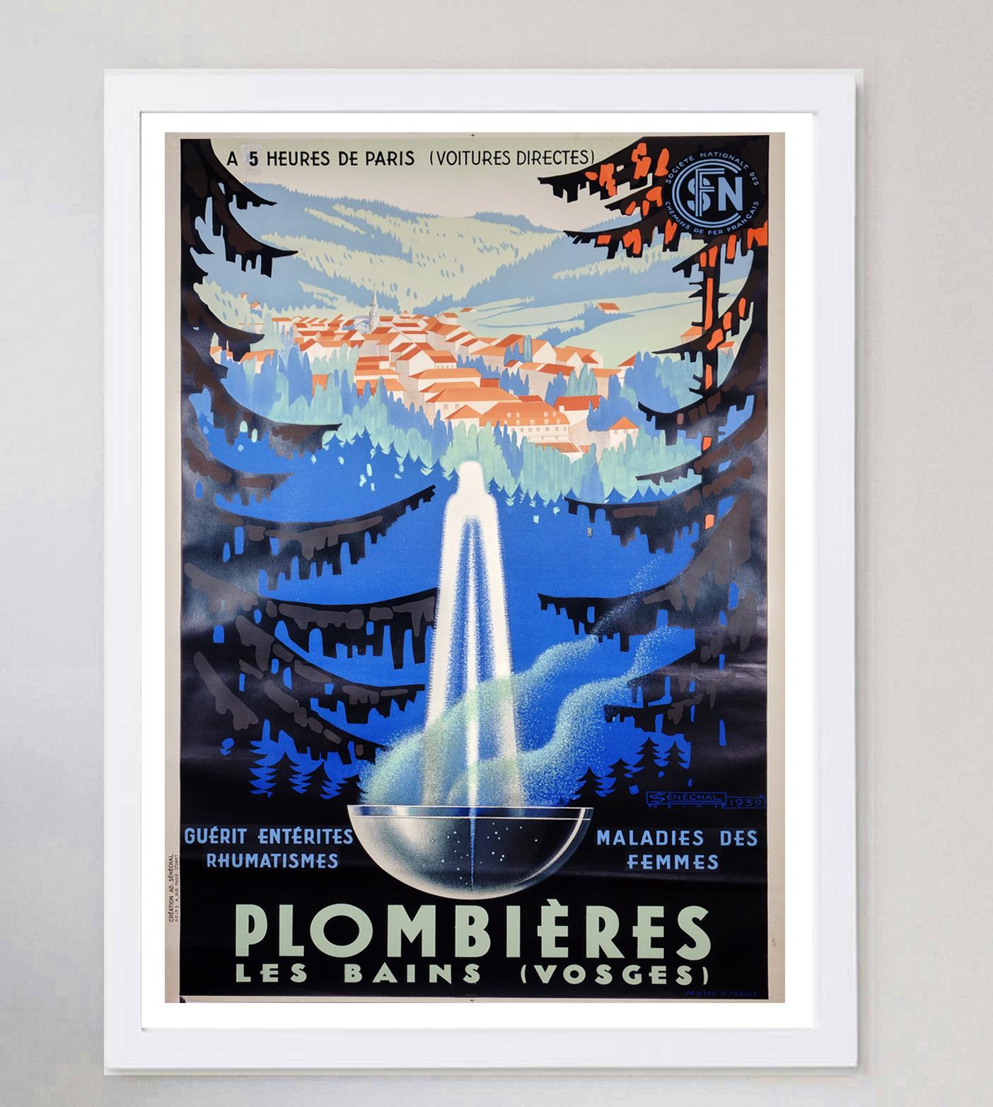 Affiche vintage d'origine Plombieres de 1939 Bon état - En vente à Winchester, GB