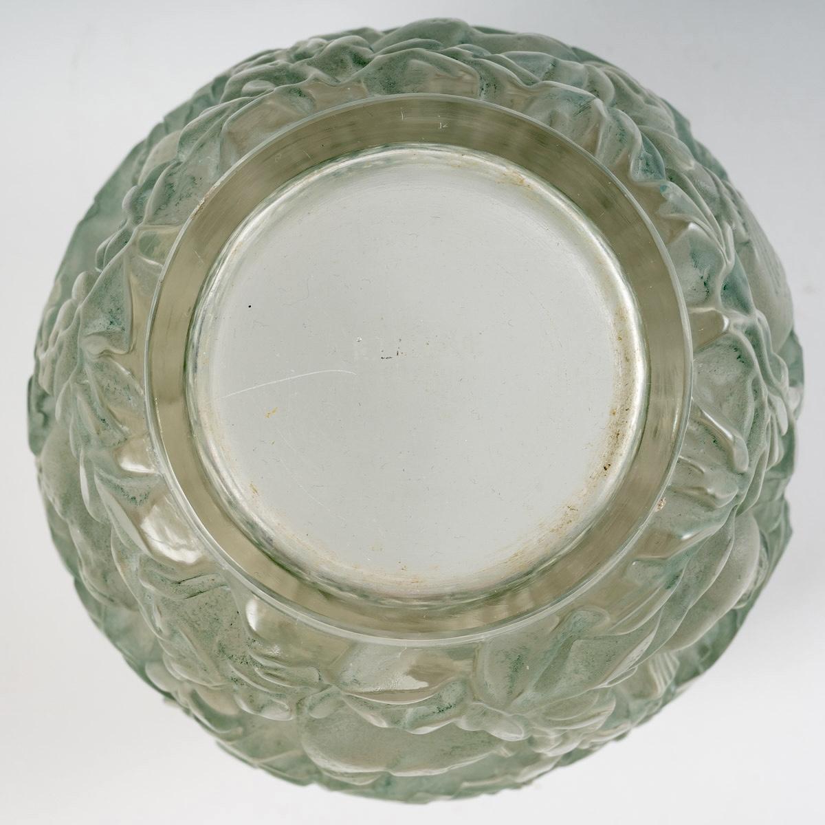 Molded 1939 René Lalique Bagatelle Vase in Frosted Glass with Green Patina