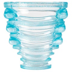1939 René Lalique Saint Marc Vase Clear & Frosted Glass with Blue Patina