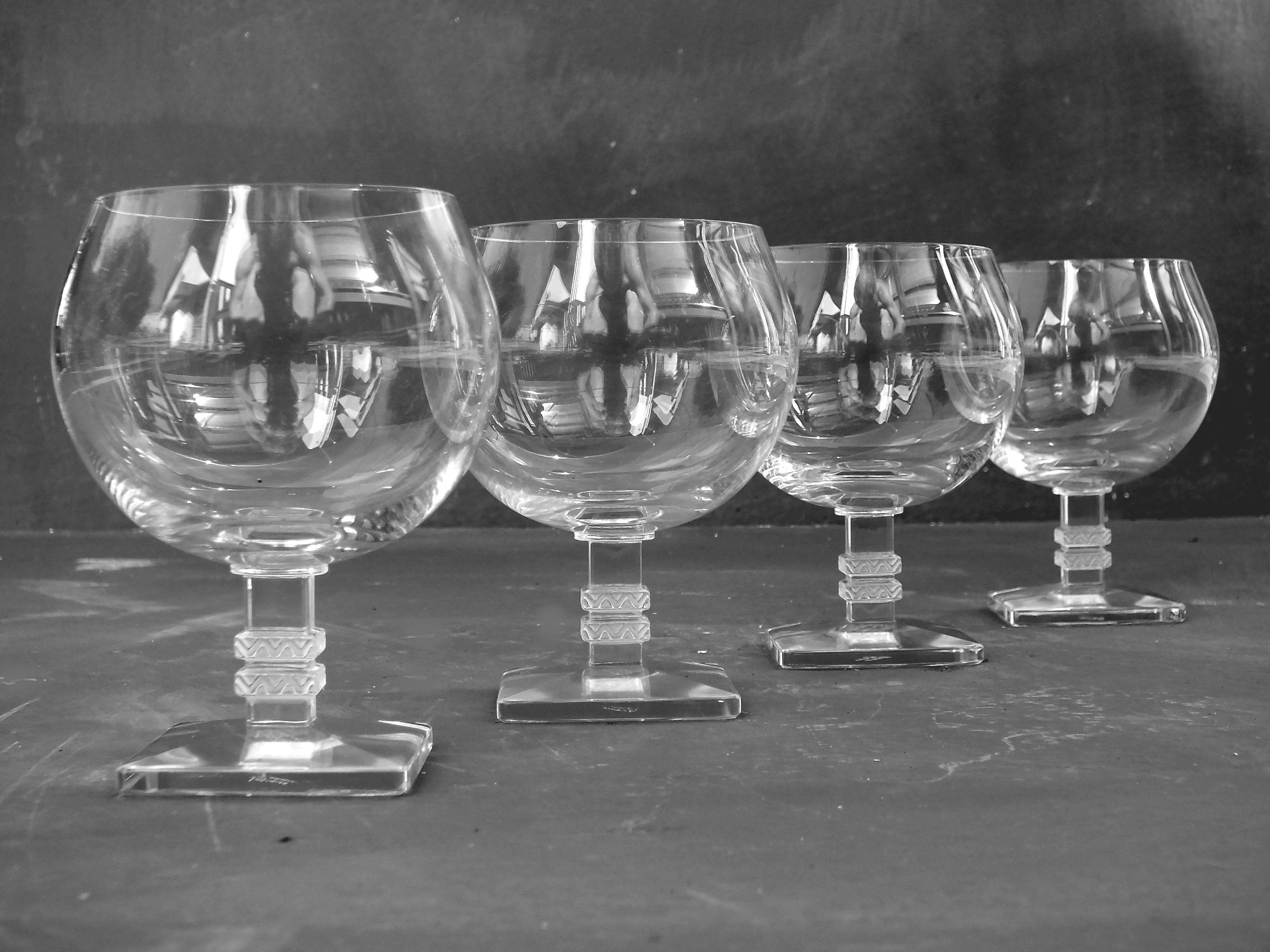 1939 René Lalique, Set of Four Argos Cognac Glasses Clear and Satinated Glass 5