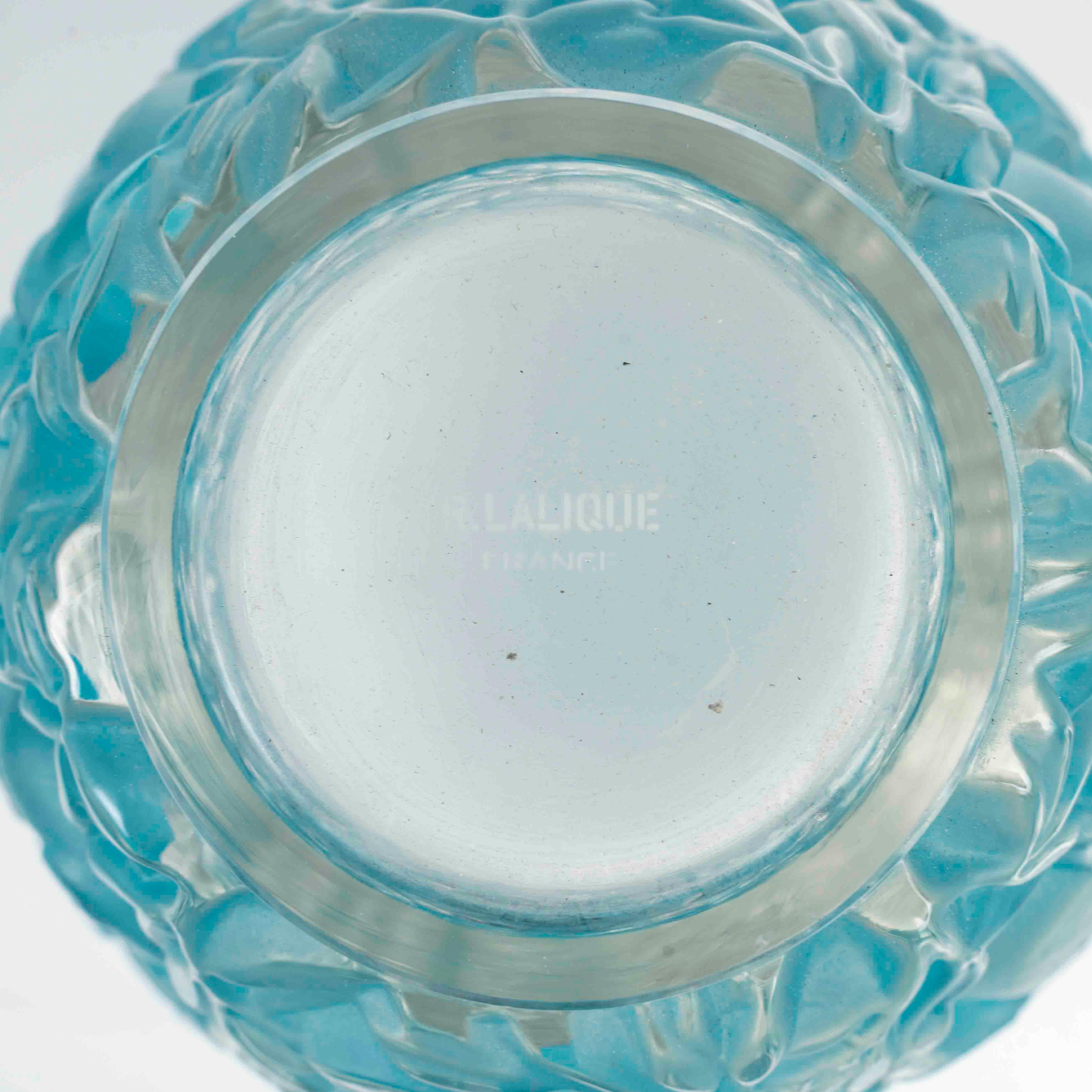 French 1939 Rene Lalique - Vase Bagatelle Frosted Glass with Blue Patina