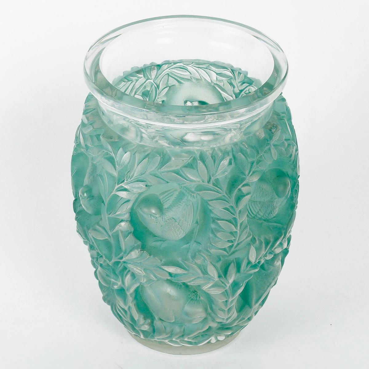 Art Deco 1939 Rene Lalique Vase Bagatelle Frosted Glass with Turquoise Green Patina
