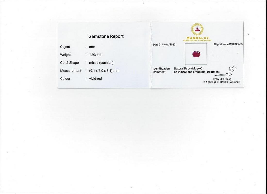 Anello/pendente con rubino non riscaldato della Birmania da 1,93 carati in oro giallo 18 carati in vendita 4