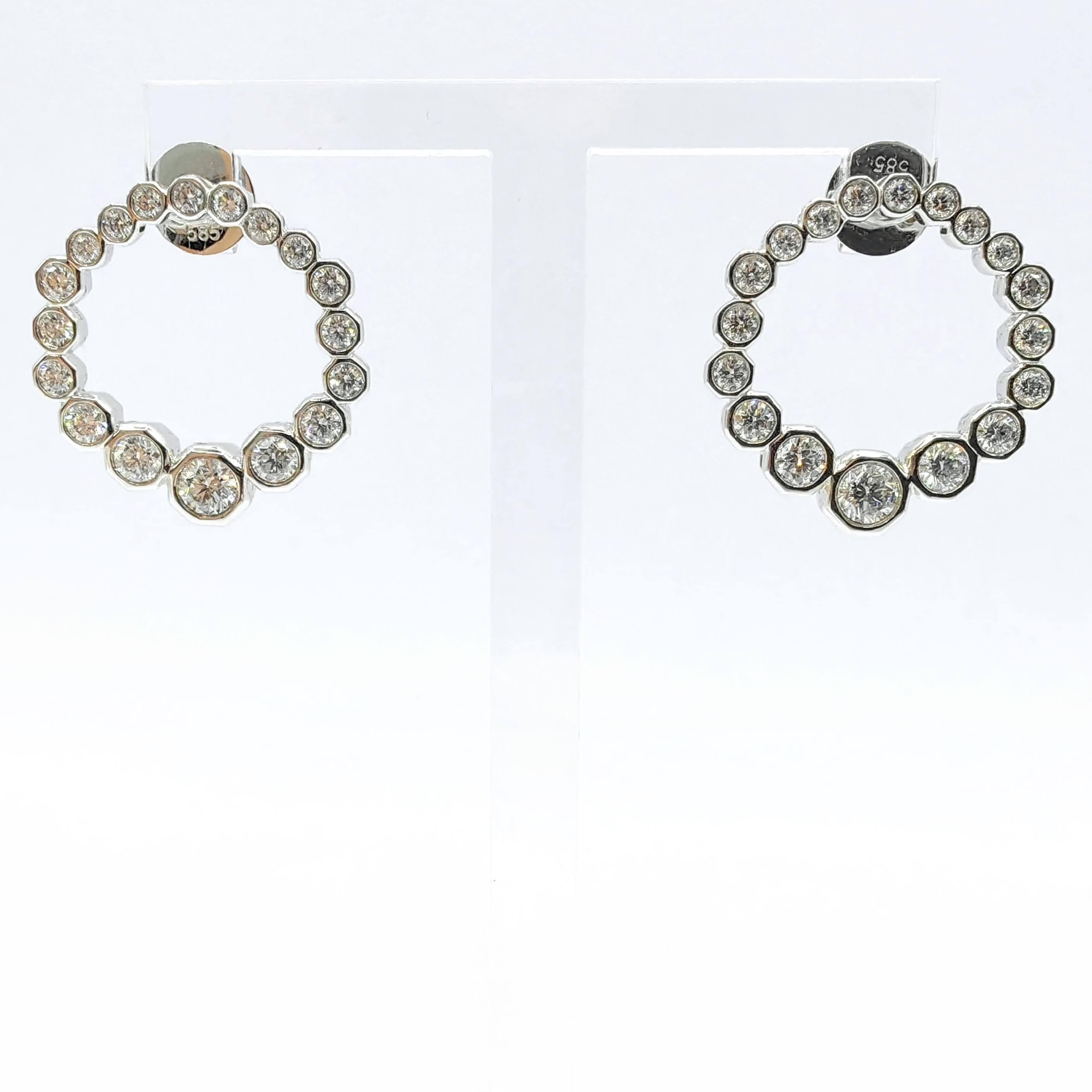 Exquisite 1.93ct Graduated Diamond Circle Earrings, meticulously crafted in 14K white gold with distinctive octagon bezels. Each earring showcases perfectly matched round brilliant-cut natural diamonds arranged in a graduated pattern, creating a