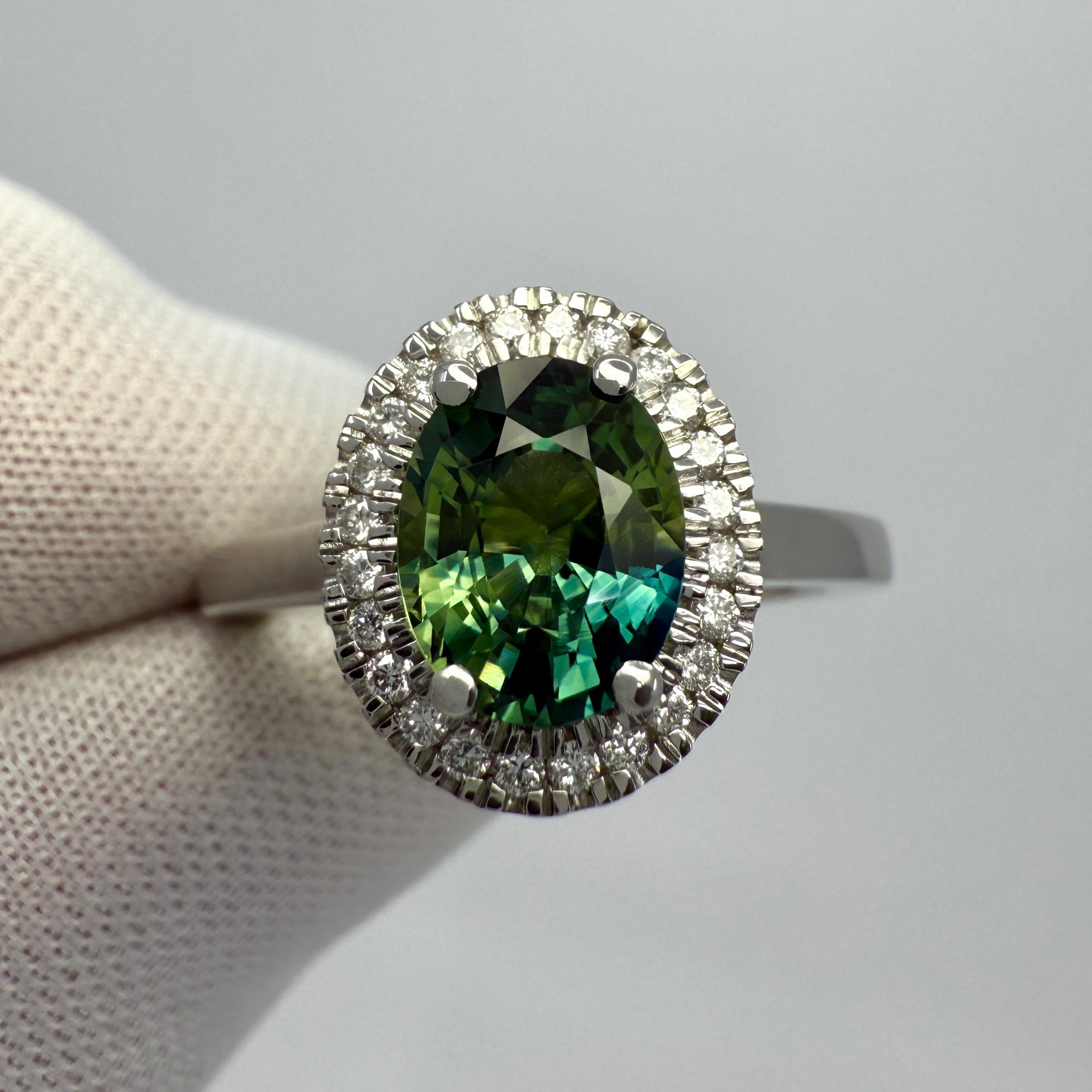 Women's or Men's 1.93ct Parti Bi Colour Oval Cut Blue Green Sapphire & Diamond Platinum Halo Ring For Sale