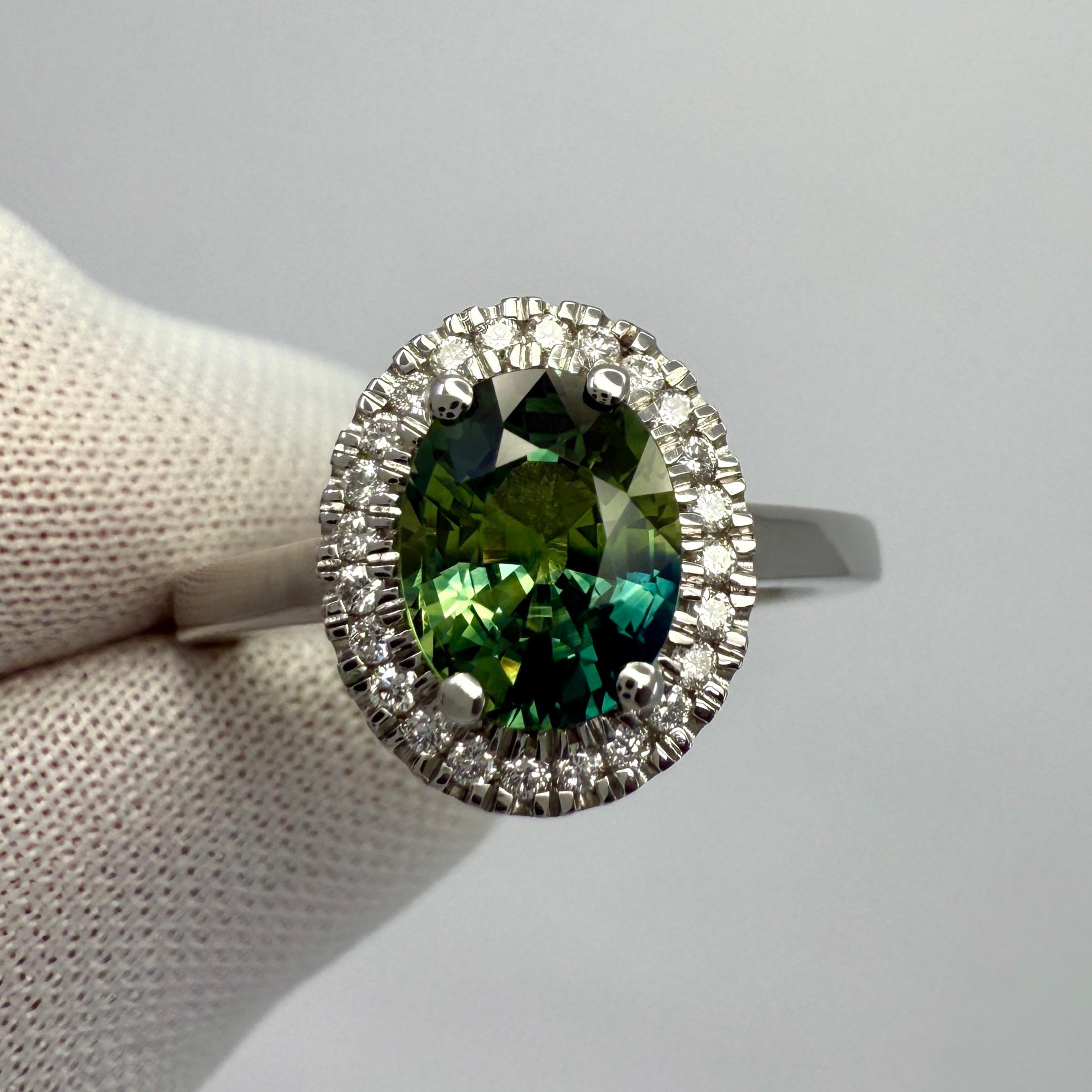 1.93ct Parti Bi Colour Oval Cut Blue Green Sapphire & Diamond Platinum Halo Ring For Sale 2
