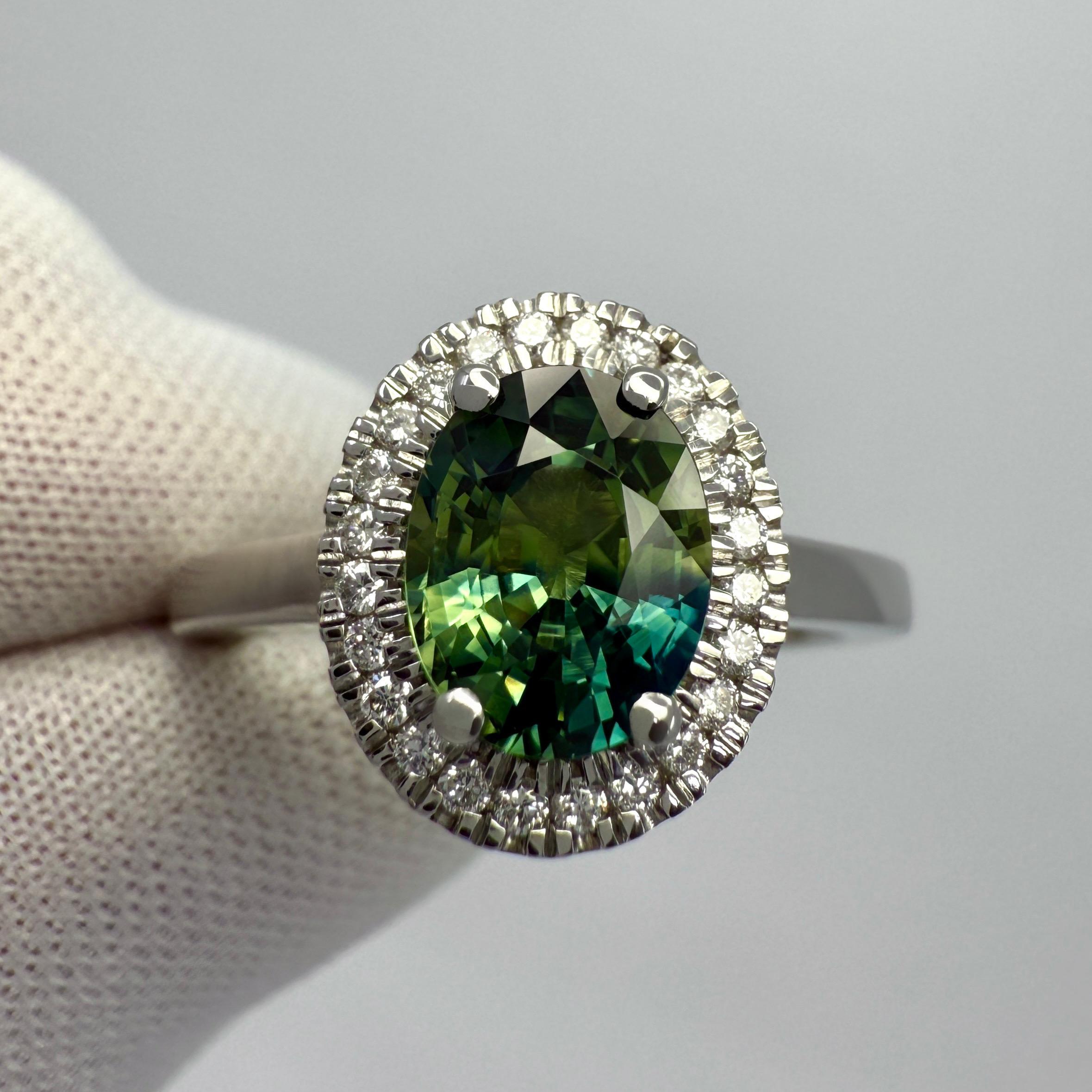 1.93ct Parti Bi Colour Oval Cut Blue Green Sapphire & Diamond Platinum Halo Ring For Sale 4