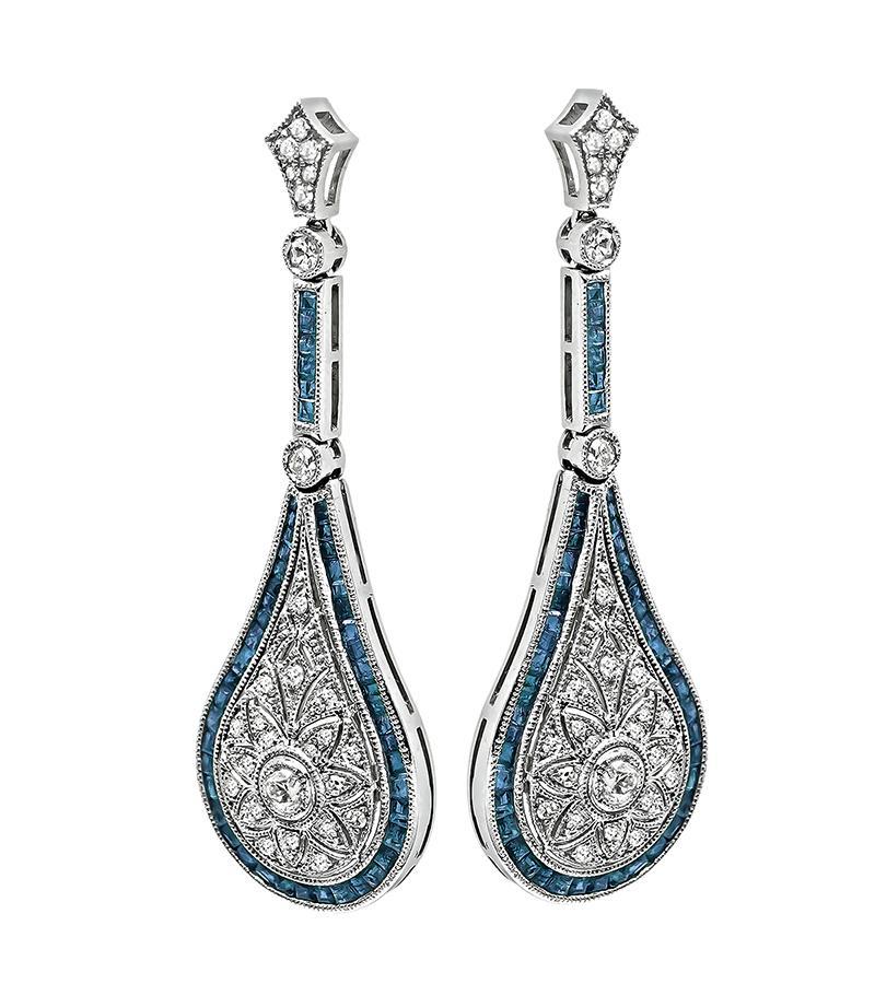 Square Cut 1.93ct Sapphire 0.68ct Diamond Drop Earrings For Sale