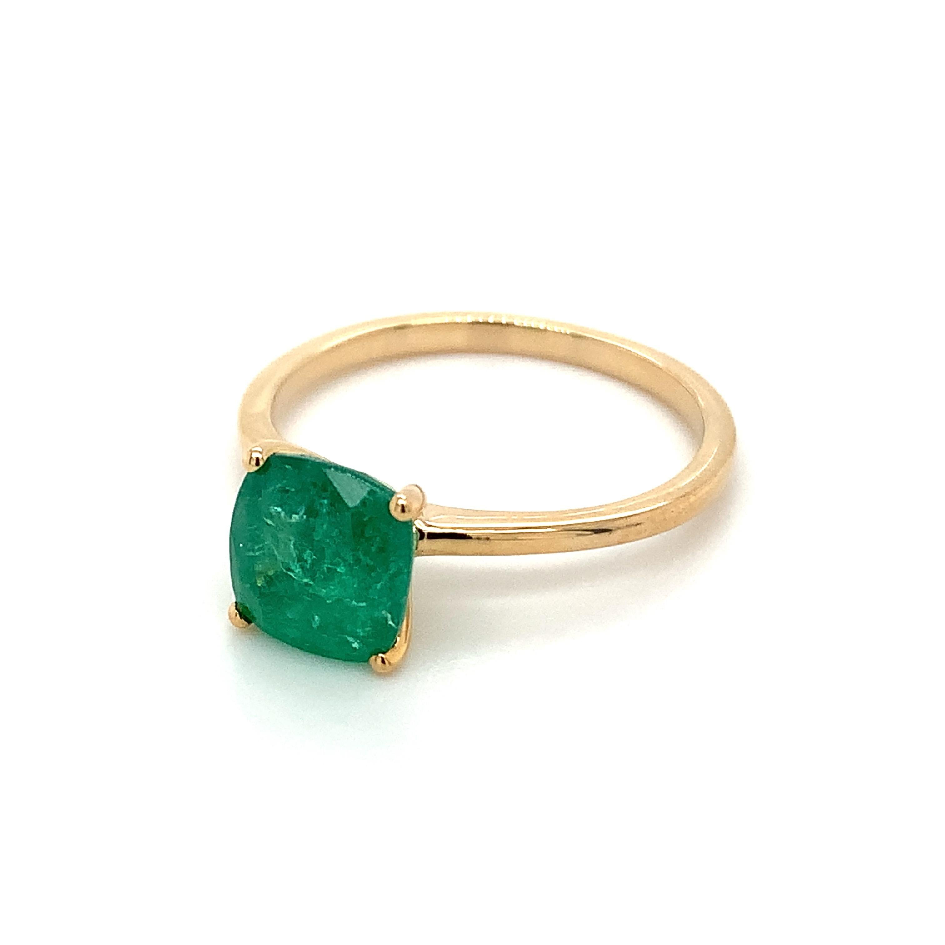 Cushion shape emerald gemstone beautifully crafted in a 10K yellow gold ring.

With a vibrant green color hue. The birthstone for May is a symbol of renewed spring growth. Explore a vast range of precious stone Jewelry in our store. 

Centre stone