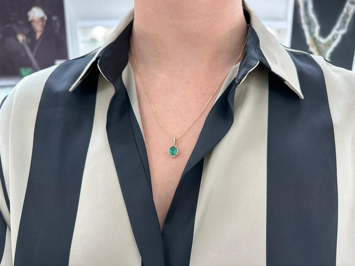 1.93tcw 14K Rich Dark Green Oval Cut Emerald & Diamond Halo Prong/Pave Pendant In New Condition For Sale In Jupiter, FL